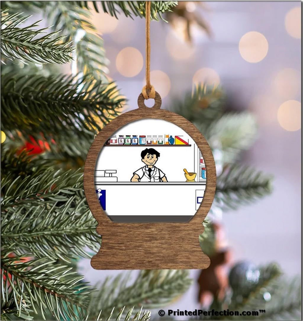 PrintedPerfection.com Personalized Pharmacist - Male Wooden Snow Globe Shaped Christmas Ornament