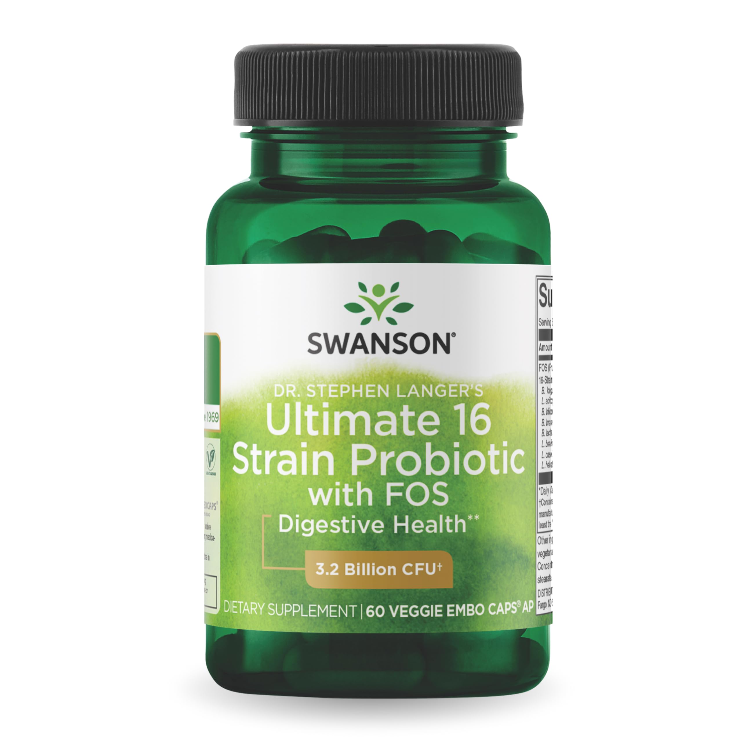 Swanson Dr. Stephen Langer's Formula - Natural Probiotic w/Prebiotic FOS - 16-Strain Supplement Promoting Digestive Support w/ 3.2 Billion CFU per Capsule - (60 Veggie Capsules)