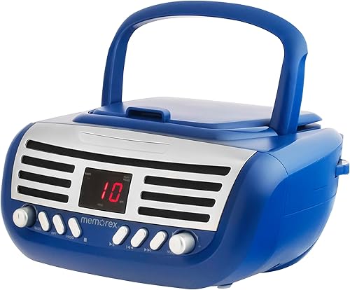 Memorex Retro AMFM Reproductor de CD de carga superior  Estéreo portátil con memoria programable  Entrada auxiliar y pantalla LED (azul)