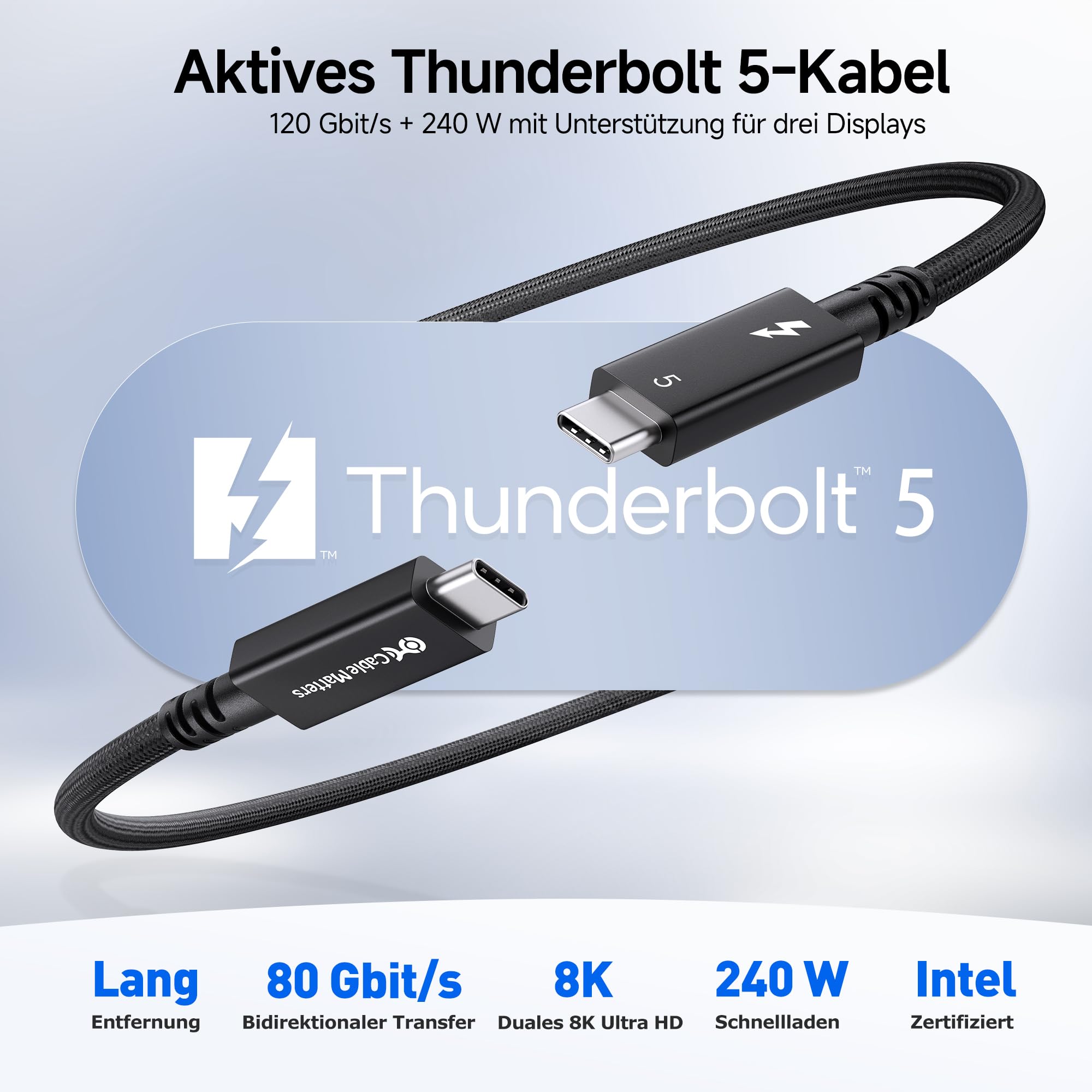 Cable Matters [Intel zertifiziert] Aktives Thunderbolt 5 Kabel 2 m, 80Gbps mit bis zu 120Gbps Bandwidth Boost, 240W USB PD 3.1, 8K Video, kompatibel mit Thunderbolt 4/3, USB4 und USB-C