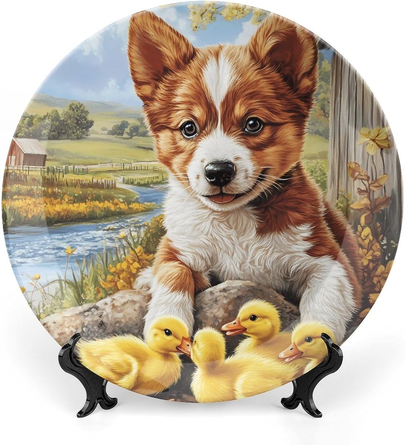Puppy Dog Yellow Ducklings Decorative Plates for Display Ceramic Plate Tray with Stand Hanger Home Decor