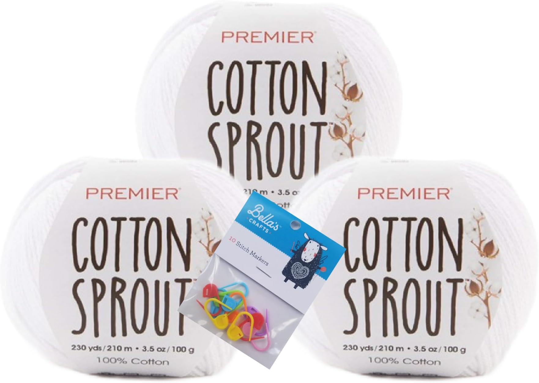 Premier Yarns Cotton Sprout DK, 100% Cotton Yarn, 3-Pack Bundle with Bella's Crafts Stitch Markers (1149-29 White)