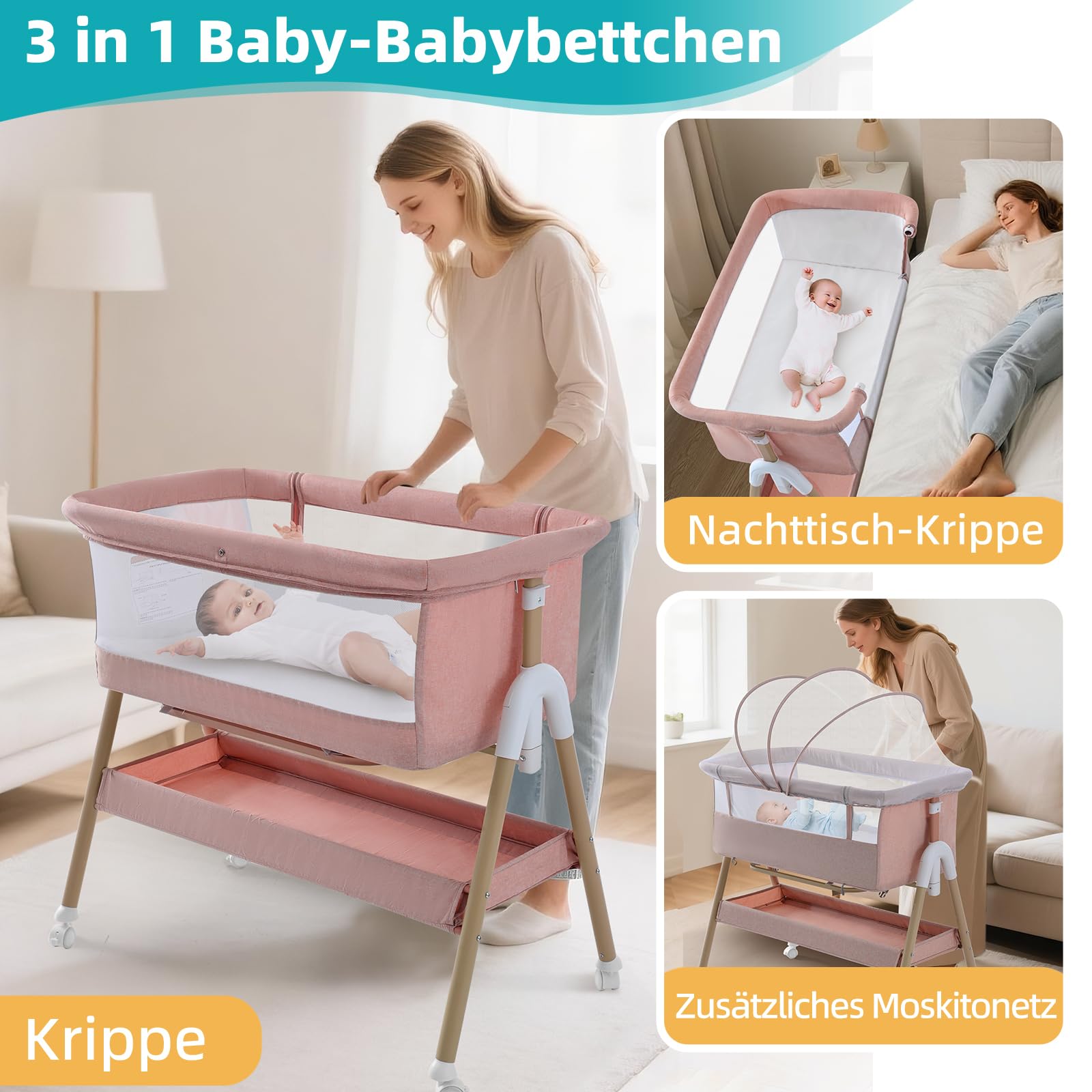 Beistellbett Baby 3 in 1 Tragbar Reisebett mit Matratze Höhenverstellbar Verstellbare Höhe & Neigung 6 abschließbare Räder Baby Co-Sleeper für Neugeborene Kleinkind Rosa