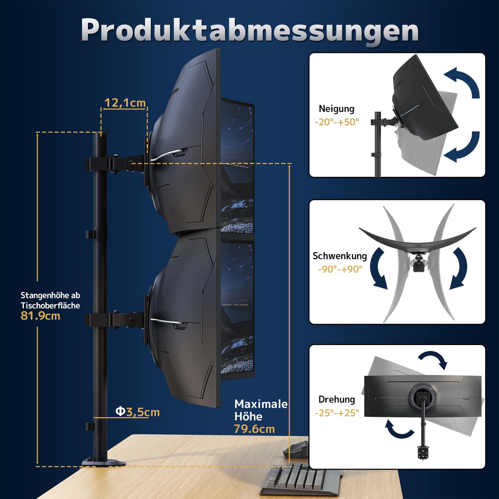 Monitor Halterung 2-Monitore übereinander für 17-49 Zoll Flach & Curved Bildschirme, Vertikale Bildschirmhalterung 2 Monitore Höhenverstellbar mit 20Kg Pro Arm, VESA 75/100 mm, Schwarz