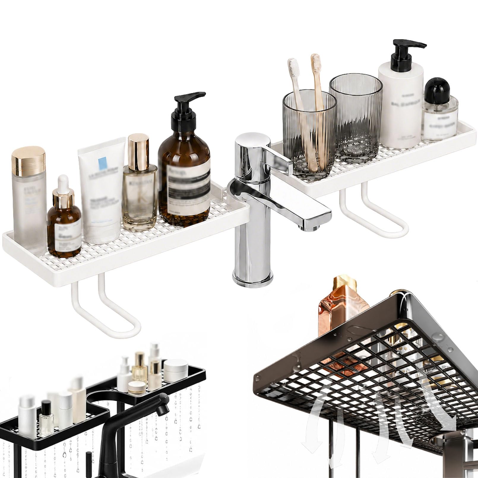 Over Sink Faucet Storage Rack, No-Drill Free Standing Faucet Shelf, Behind the Faucet Sink Organizer with Drain Tray, Space-Saving Bathroom Countertop Organizer for Kitchen, Bathroom, Vanity (white)