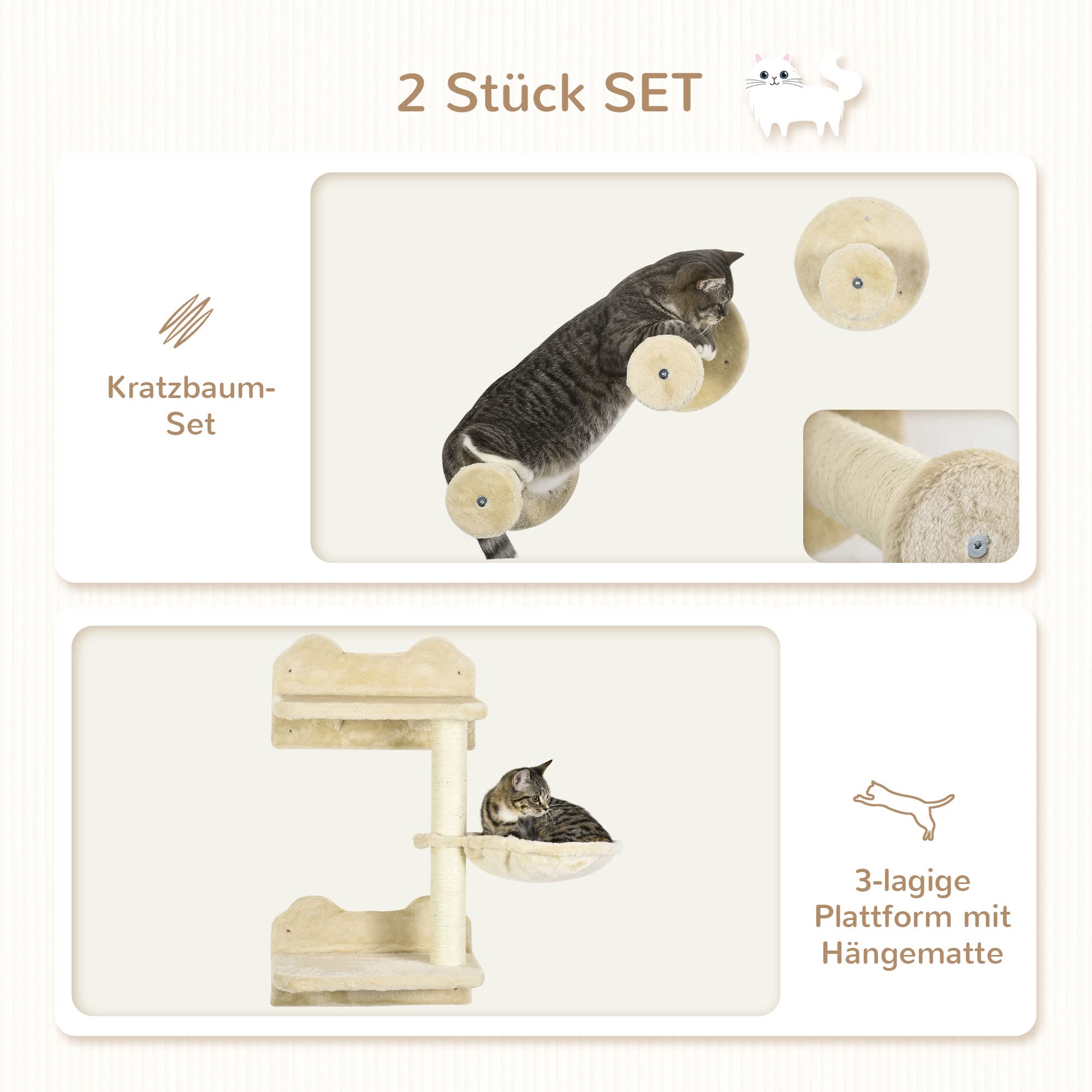 PawHut Kletterwand Katzen 4-teilig Set, bis zu 5 kg Beige+Cremeweiß | Katzen Kletterwand Set, mit Sprungturm, 3 Kratzbäume, Kratzbaum mit Hängematte, Wandkratzbaum, Wand Katzenmöbel Kletterpark