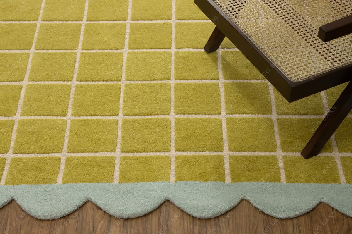 Hand-Tufted 100% Wool Area Rug - 8x11 Ft, Mustard Yellow &amp; Cream Checkered Grid with Sage Green Scalloped Border, Soft Cut Pile Modern Handmade Carpet for Living Room, Bedroom &amp; Nursery