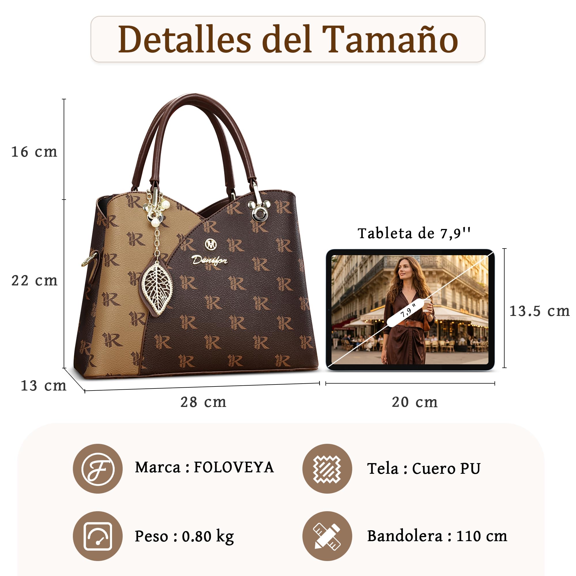 Bolsos Mujer Elegante Imprimir Bolsa de Mano Bolso de Hombro con Delicado Colgante Señora Bolso Bandolera para Compras Trabajar Viajes Cuero PU Marrón C