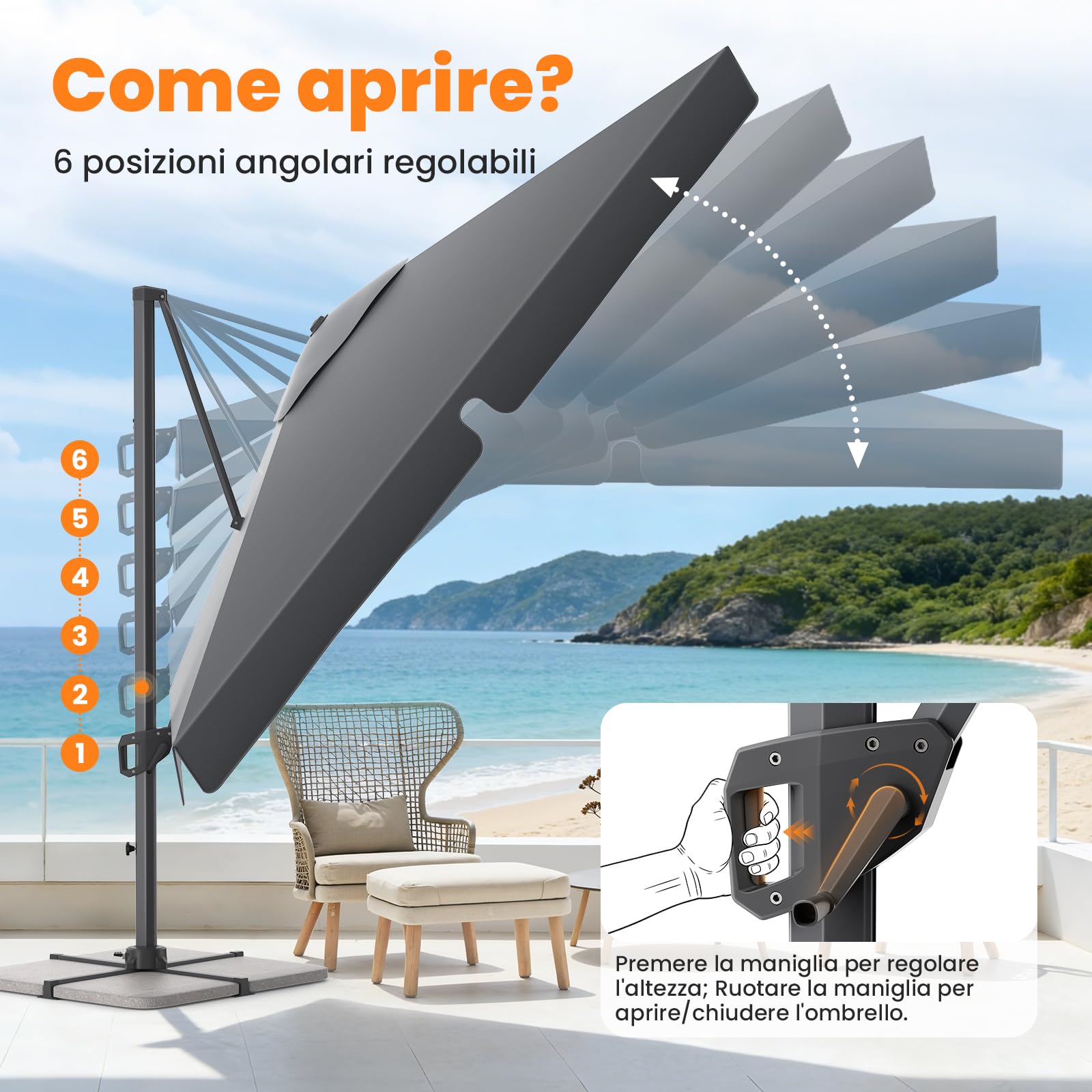YEAUPE PRO Ombrellone 300 x 300 cm, Girevole a 360°, ombrellone da Giardino con Tende Laterali, con Protezione Solare UV50+, per Giardino e terrazza, Grigio., 30 x 30 DM