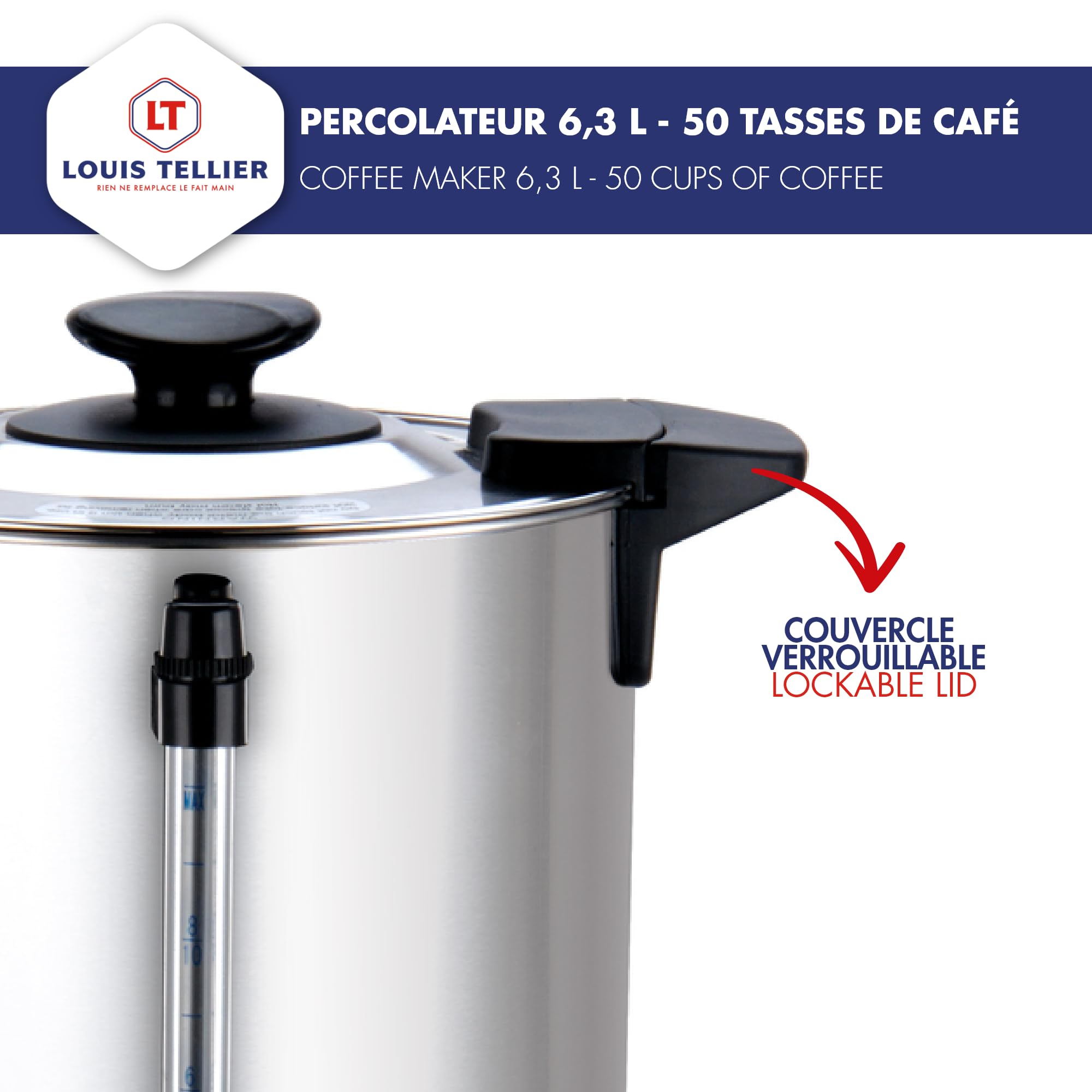 LOUIS TELLIER - Percolateur à café professionnel - Capacité 6,3 L - 50 tasses - INOX - Filtre en inox - Robinet anti-gouttes