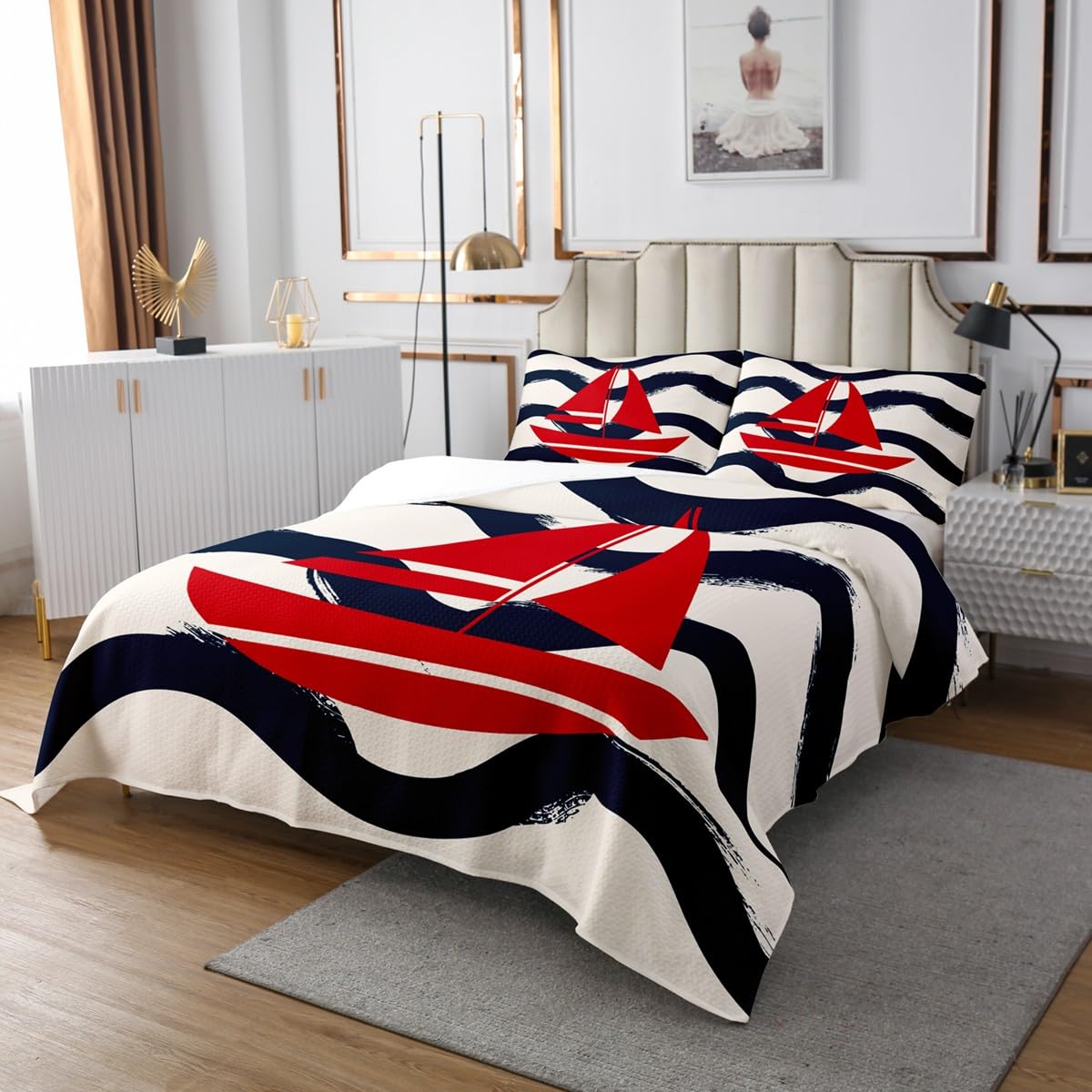 Set copriletto trapuntato con barca a vela, per bambini, per ragazzi, ragazze, adolescenti, onde oceaniche, mare, marino, hawaiano, spiaggia, decorazione per la camera