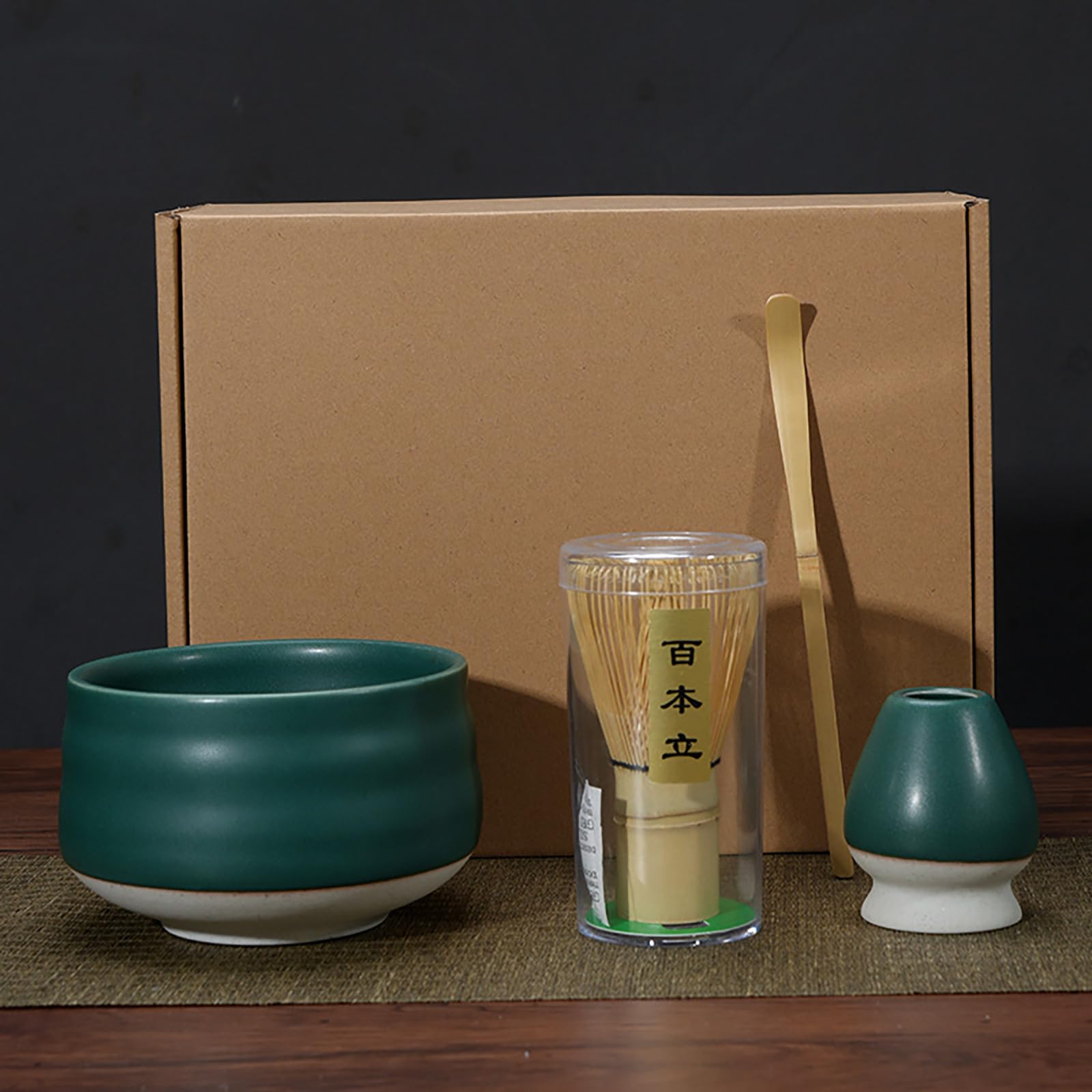 POWLAB 4Pcs/set Matcha Blender Set Bamboo Tea Brush Teaspoon Ceramic Tea Bowl Tea Stand Matcha Tool Set Dark Green