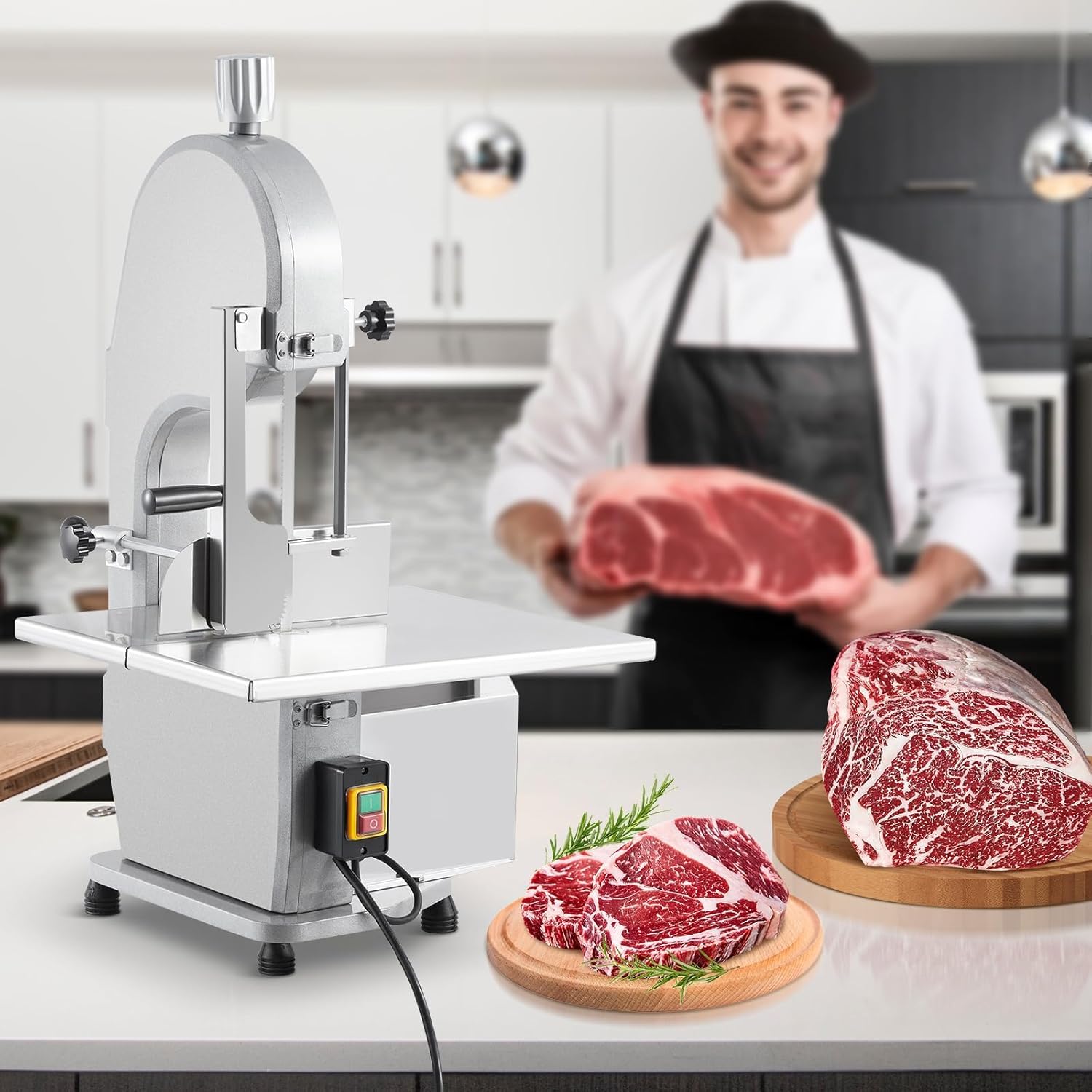 1100W Commercial Electric Bone Saw Machine, Frozen Meat & Bone Cutter with 5 Saw Blades, Adjustable 0.16-7.09 Inch Thickness, 19.3"x15" Stainless Work Table for Butcher Shops, Restaurants, Supermarket