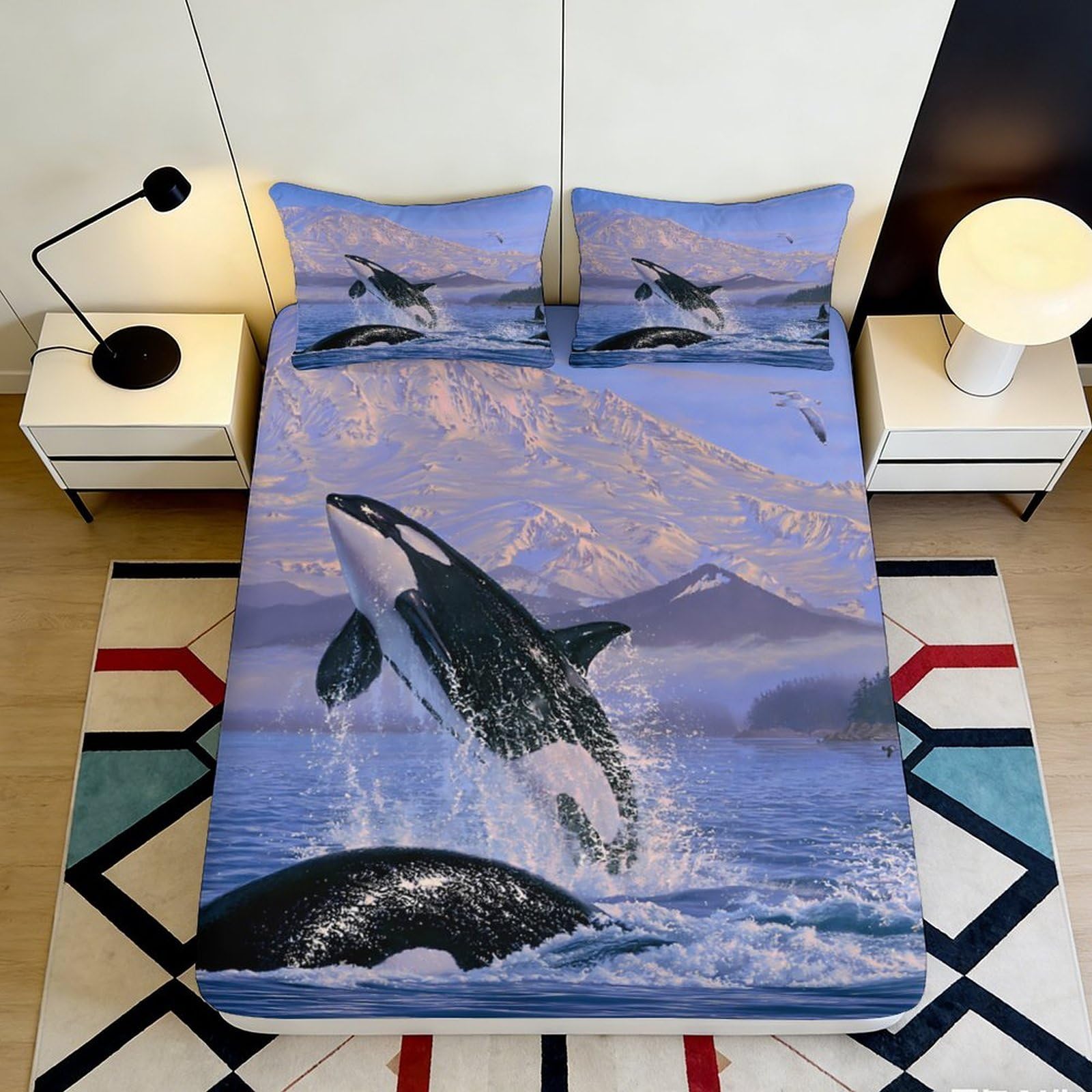 3D Printed Whale Fitted Sheet Microfiber Deep Pocket Elastic Hem Bedroom Bedding Whale Mattress Fitted Cover Washable for Adults 200x200x25cm