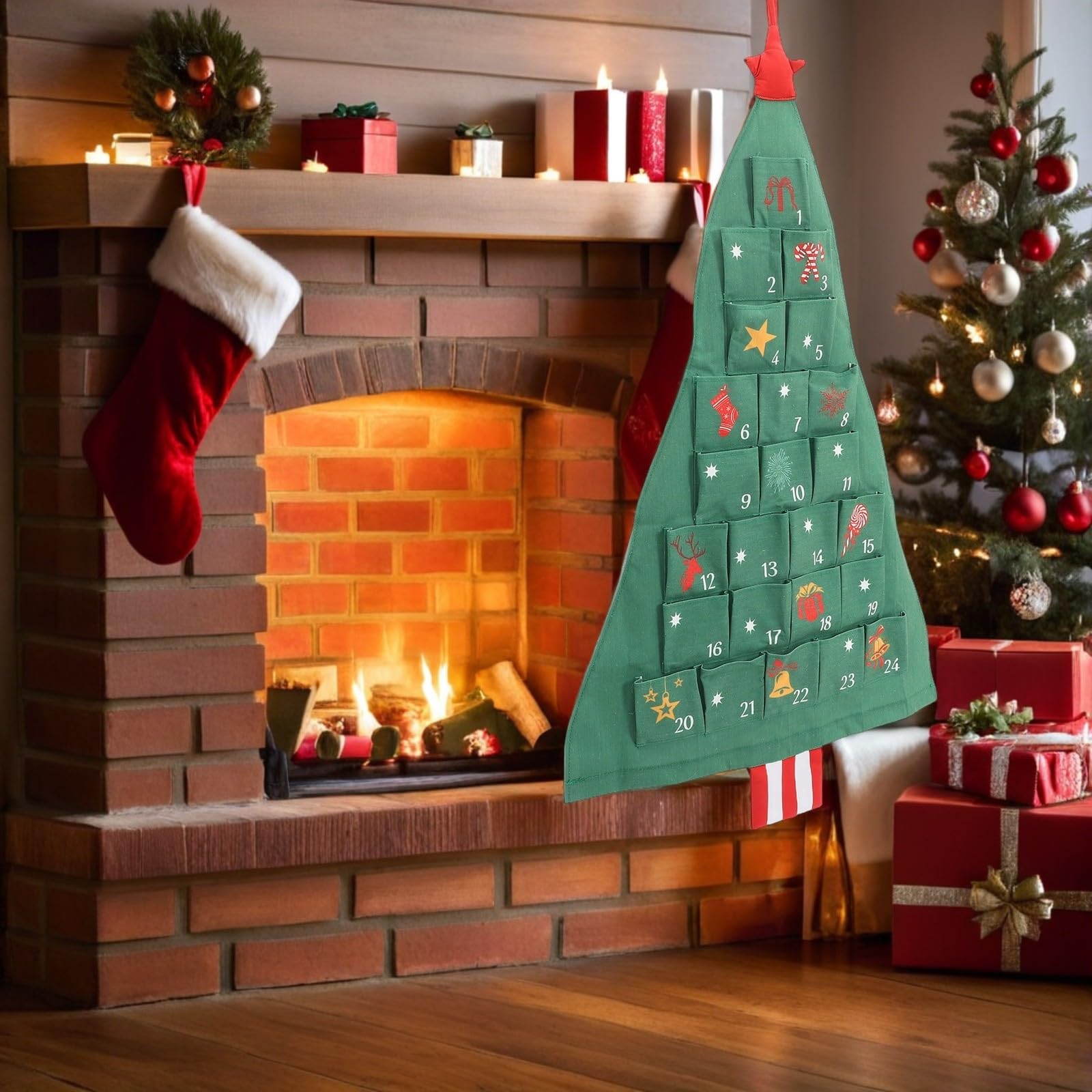 NUOBESTY 3 Sets Weihnachtsbaum Adventskalender mit 24 Taschen aus Baumwolle | Türhänger mit Holzdetails, Nummerierte Fächer, Platzsparende Aufbewahrung