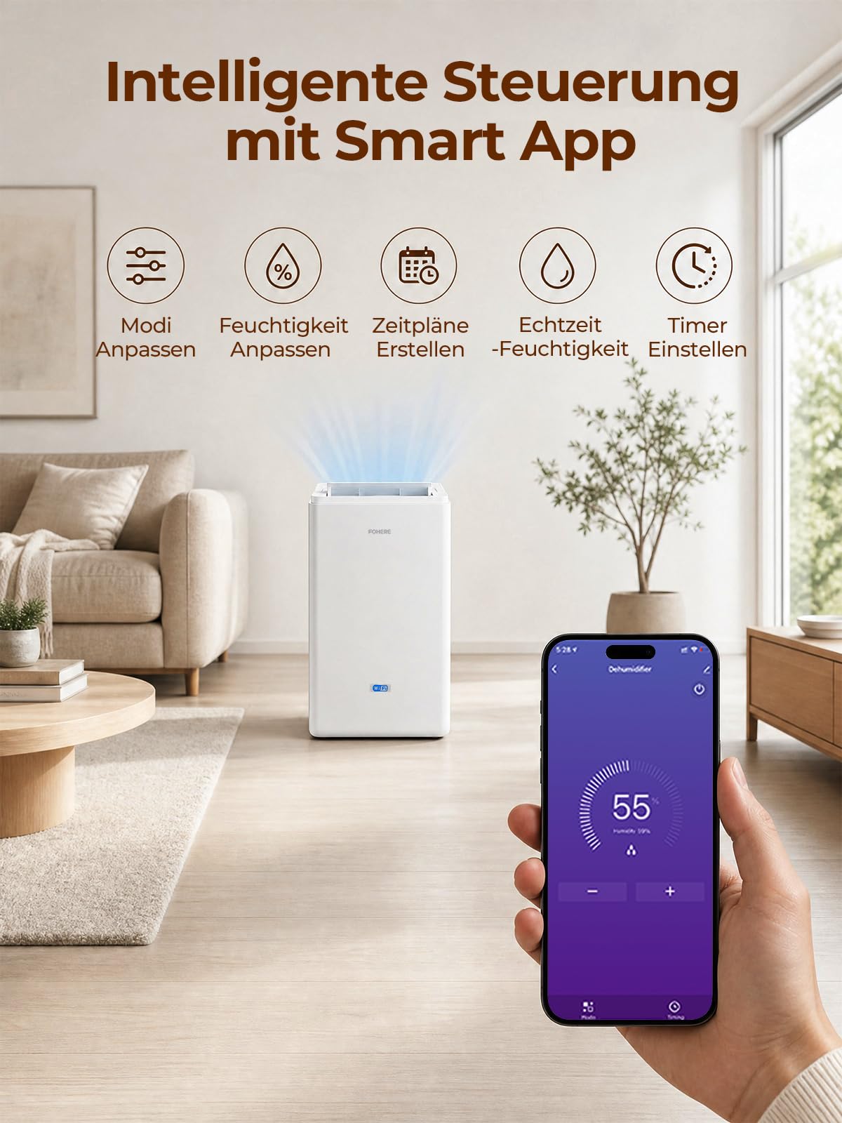 FOHERE Luftentfeuchter 30L/24h mit WLAN-App, Raumentfeuchter bis 50 m²/135 m³ für Keller, Bad und Schlafzimmer, Dauerablauf, Wäschetrocknung, 24h-Timer, Auto-Abschaltung