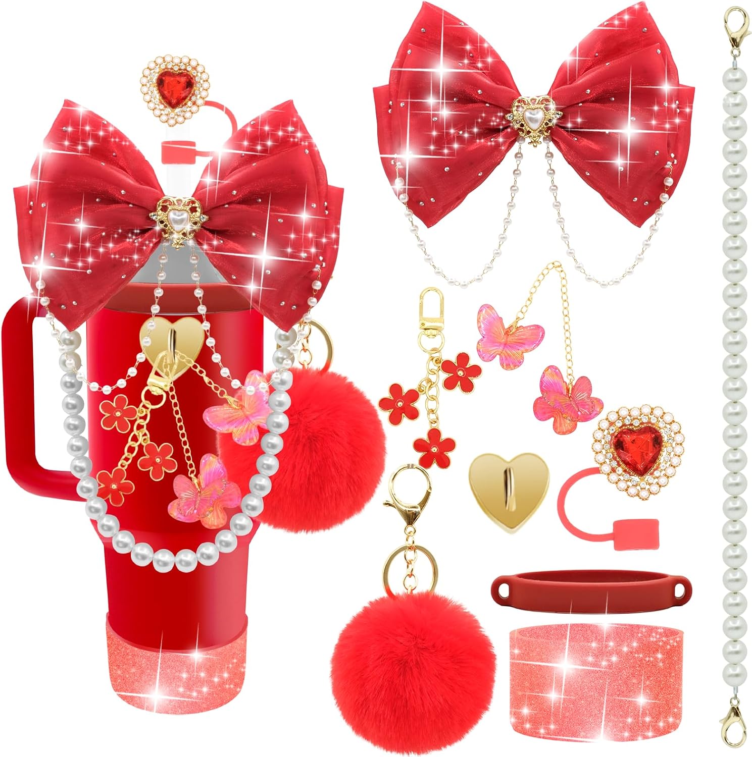 LBU Bling Stanley Cup Accessories for 40/30/20 oz Tumbler with Handle Including Glitter Bow Straw Topper, Heart Straw Cover, Water Bottle Handle Strap, Boot, Pom-Pom, Keychain Charms(Red)