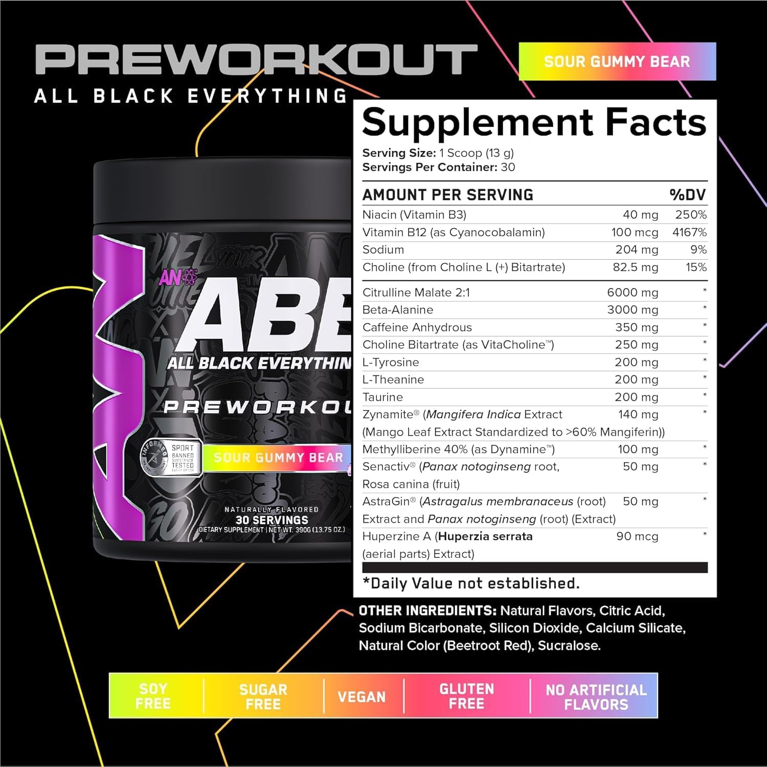 All Black Everything Pre-Workout Powder | Preworkout Energy Drink Mix | 350mg Caffeine | Beta Alanine & Citrulline | Energy Supplement for Men & Women | Sour Gummy Bear | 30 Servings - Image 2