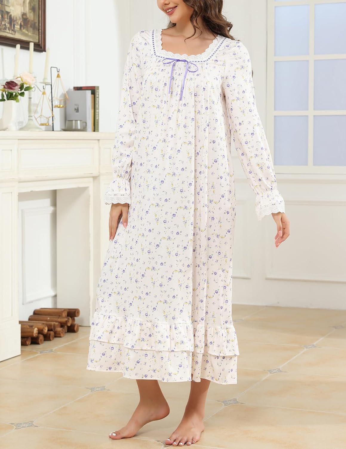 Rubehoow Women's Victorian Nightgown Vintage Long Sleeve Pajama Dress Soft Cotton Lounge Dress Nightwear - Image 3