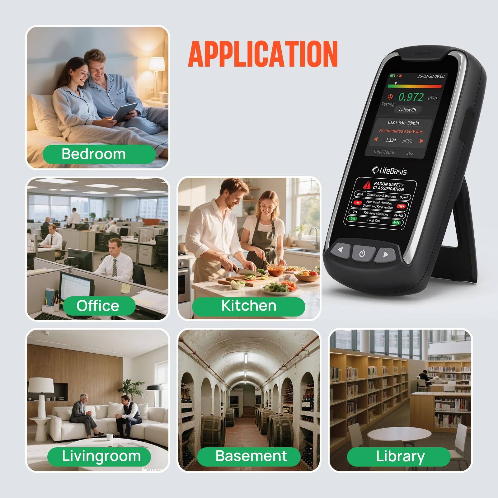 LifeBasis Radon Messgerät tragbar wiederaufladbarer Radonmonitor für Zuhause hochpräziser Sensor lange Datenspeicherung mit optischem und akustischem Alarm erste Datenanzeige in 6 St. Bq/m³ oder pCi/L