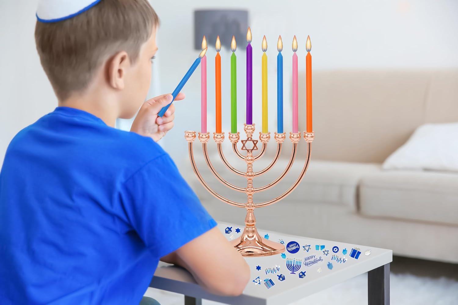 The Dreidel Company Hanukkah Menorah with Traditional Star Polished Copper Finish, Full Size 7 Inches Tall