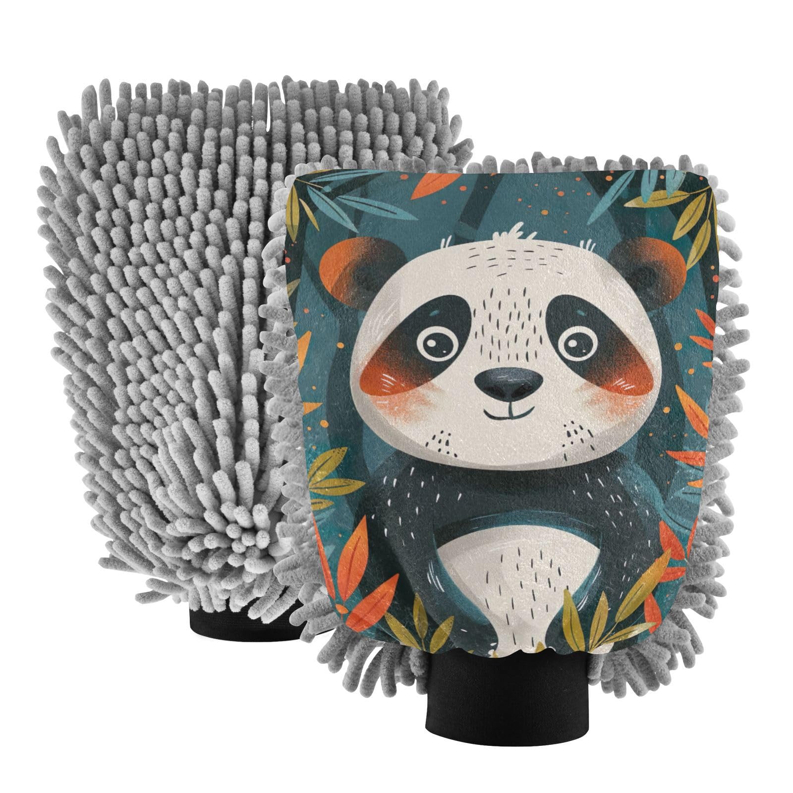 Kigai Lovely Panda Car Wash Mitt Microfiber, 2Pcs Scratch Free Lint-Free, Premium Chenille Microfiber Mitt Car Wash Brush-M