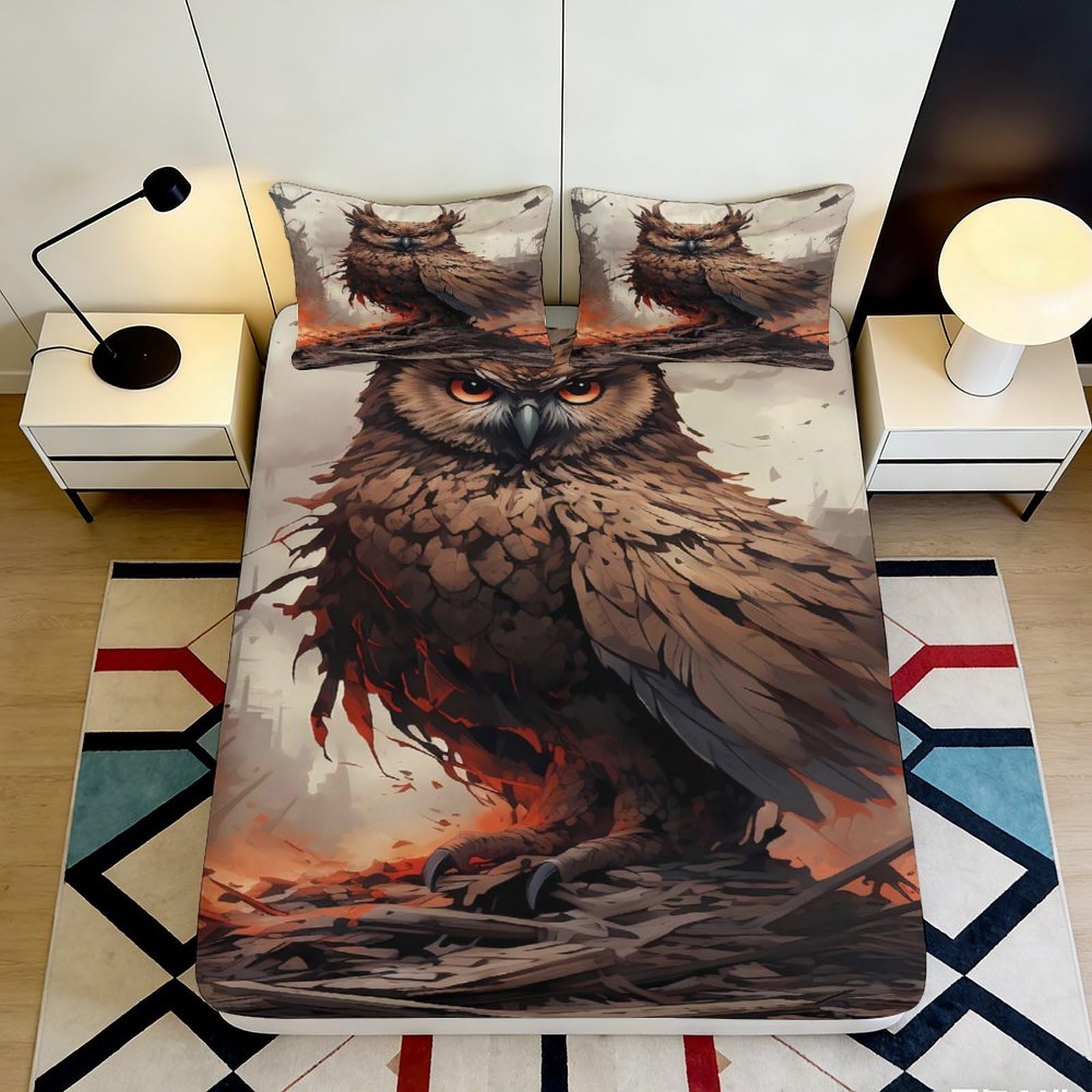 3D Printed Majestic Owl Fitted Sheet Microfiber Soft Breathable Fire Forest Bed Cover for Bedroom Dorm Mattress Protection Decor 90x200x25cm