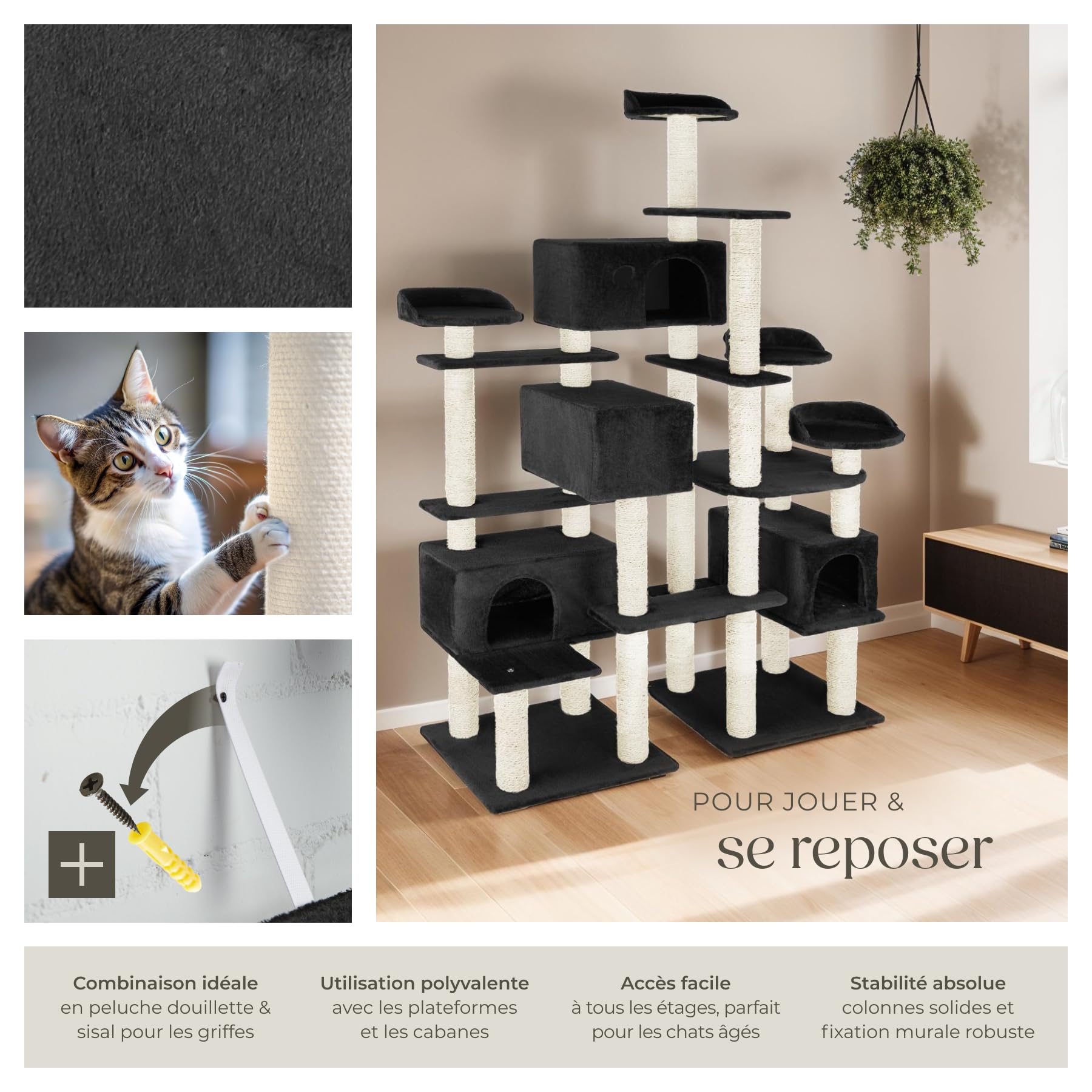 tectake® Arbre à Chat XXL Griffoir 214 cm, 4X Maison pour Chats 4X Lit pour Chat Jeux Appartement Accessoire Chats avec Couchage Grattoir Chat Etagere