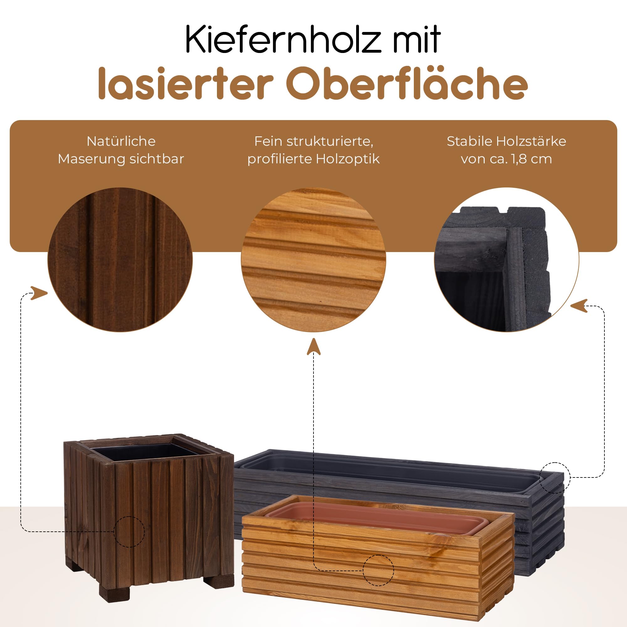 BooGardi Blumenkasten Holz mit Einsatz · Blumenkästen in 3 Größen & 4 Farben · 64x20x14cm Hellbraun · Pflanzkasten für Balkon & Terrasse · Pflanzkübel außen & innen · Blumentopf vormontiert