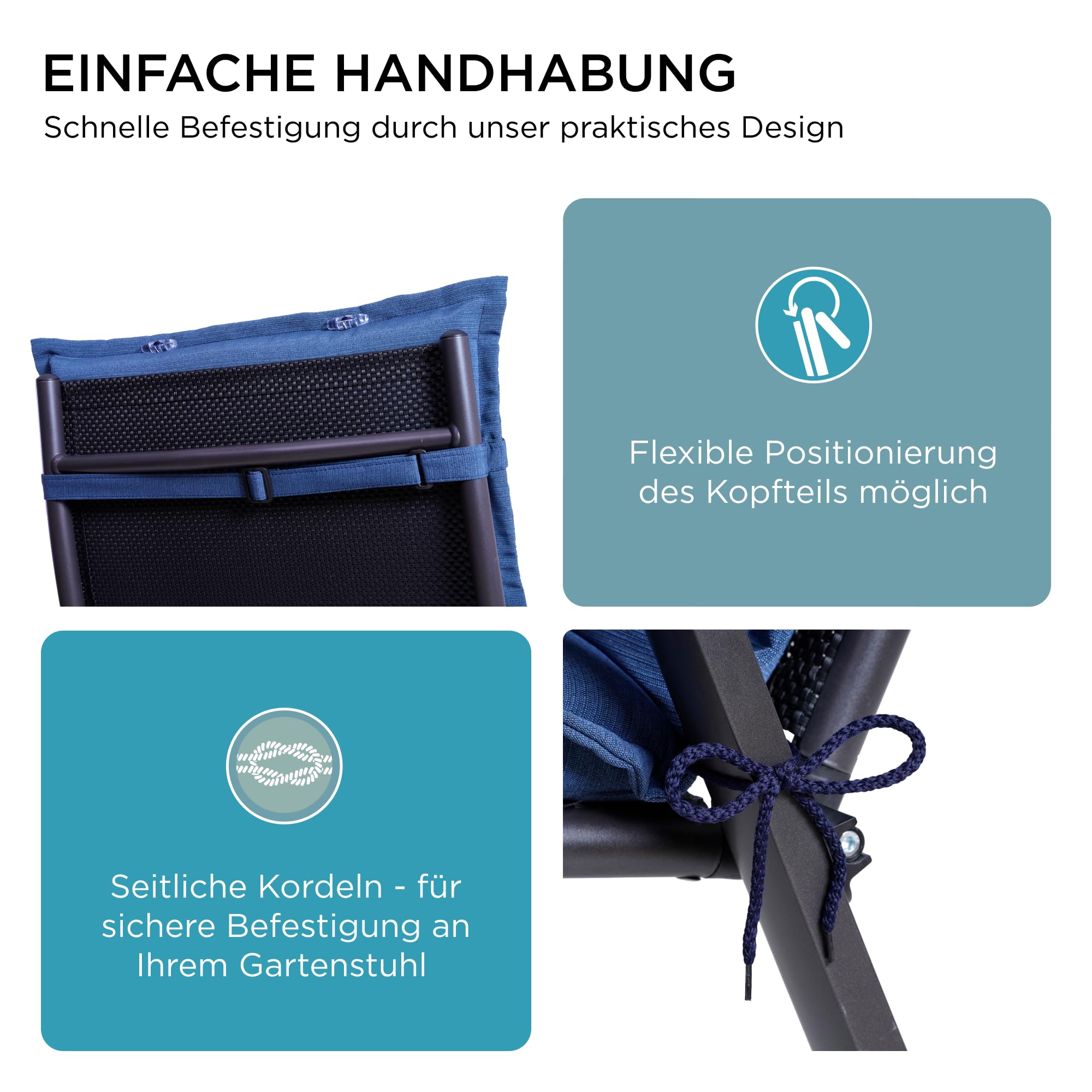 Gartenstuhlauflagen Hochlehner mit Kopfteil, 2er Set, Blau | Extra Dicke Sitzauflagen, Made in Europe, Polsterauflagen für Hochlehner, Auflagen mit extra hohem Komfort