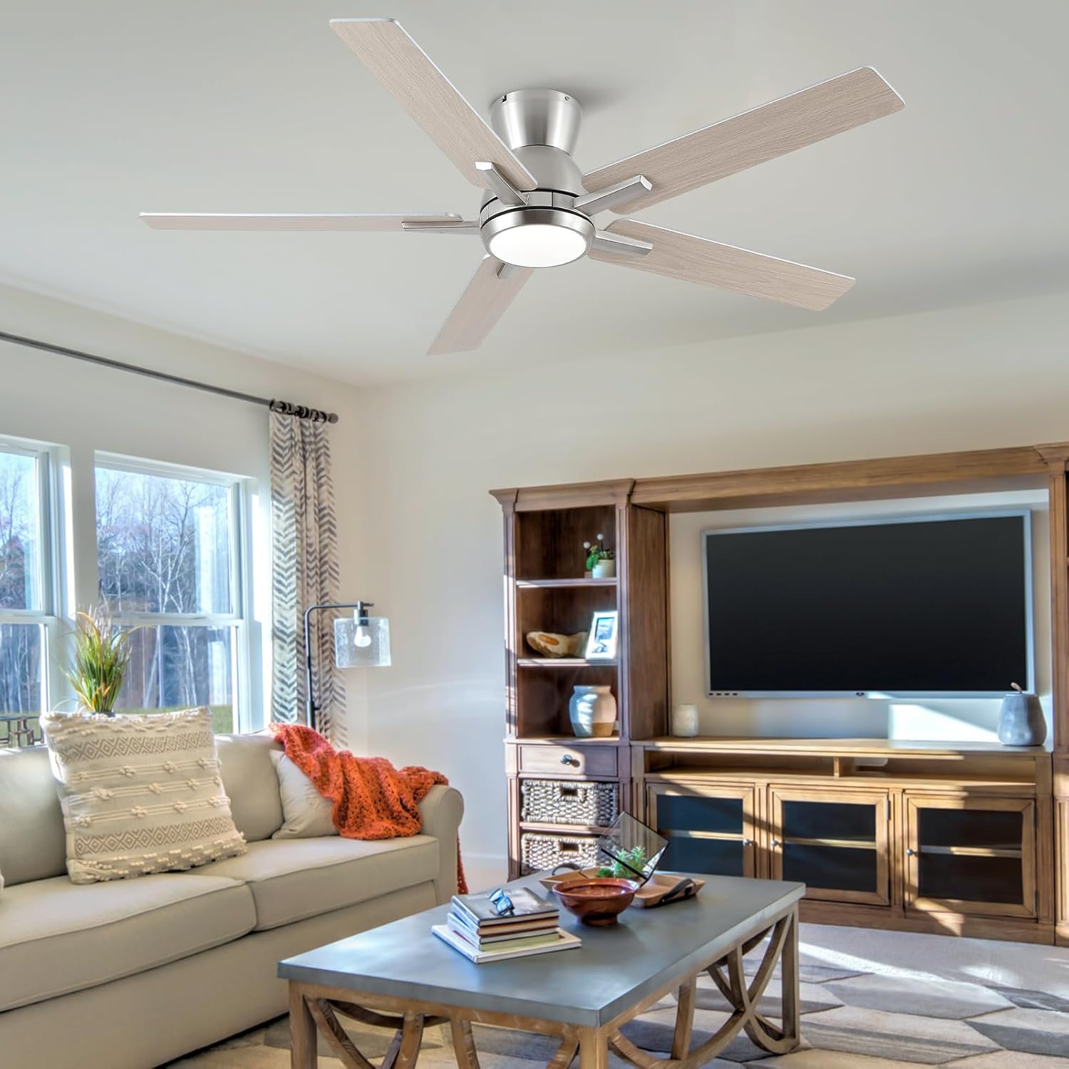 Sevenine 52 Inch Brushed Nickel Flush Mount Ceiling Fans with Lights and Remote, Low Profile Nickel Ceiling Fans for Bedroom Living Room Patio Porch, Quiet 6 Speed Reversible DC Motor, 3CCT, Dimmable