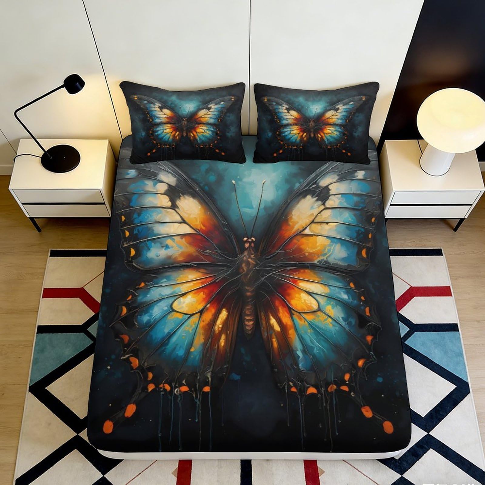 3D Printed Blue Orange Butterfly Fitted Sheet Microfiber Soft Breathable Abstract Art Mattress Cover Bedroom Decor 200x200x25cm