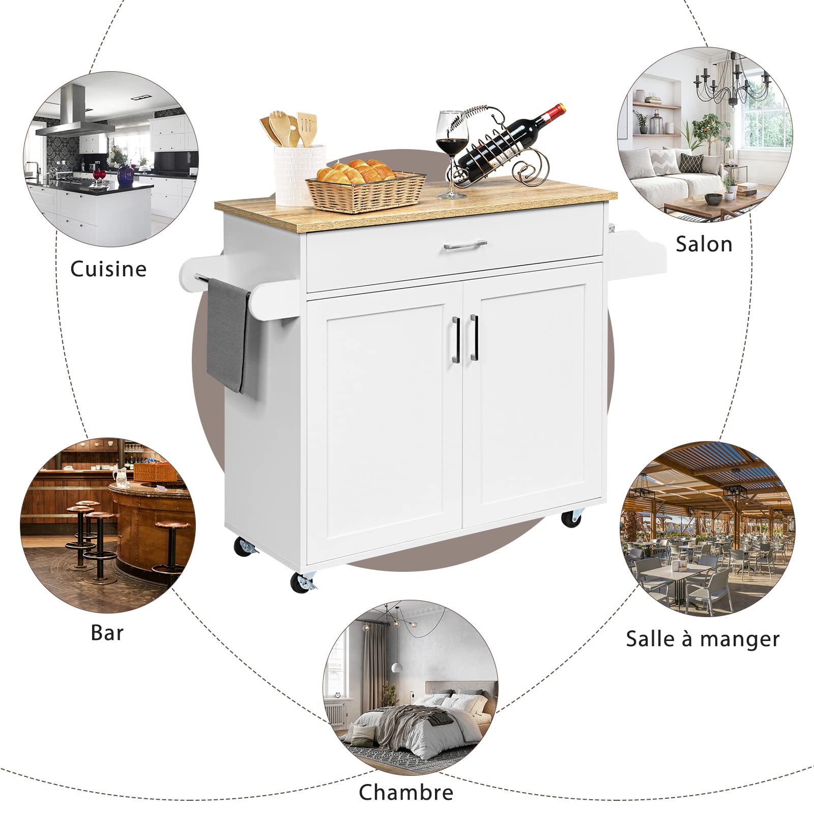 GIANTEX Desserte à roulettes avec Plan de Travail 90 x 40 cm, Desserte de Cuisine avec Grand Tiroir et Armoire à 2 Portes, Porte-Épices et Porte-Serviettes,116 x 40 x 85 cm (Blanc)