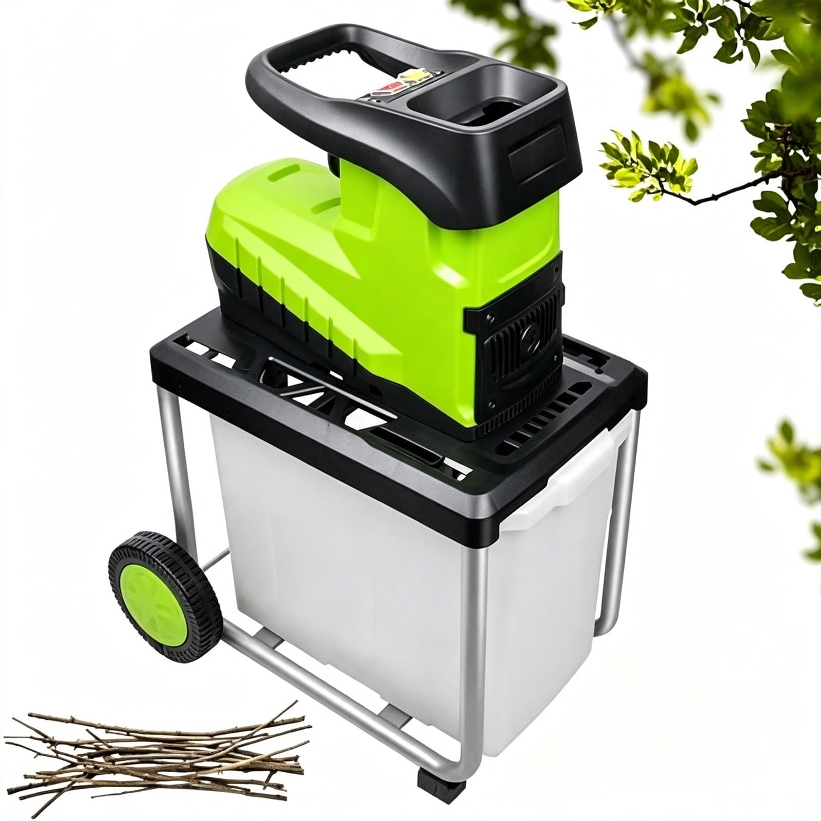 MIAOXIAOLONG Broyeur De Branches, 2800W Déchiqueteuse Électrique Jardin avec Diamètre De Broyage 45mm, Sac Amovible 60L, Lames Réversibles Et Dispositifs De Sécurité, Idéal pour Compostage