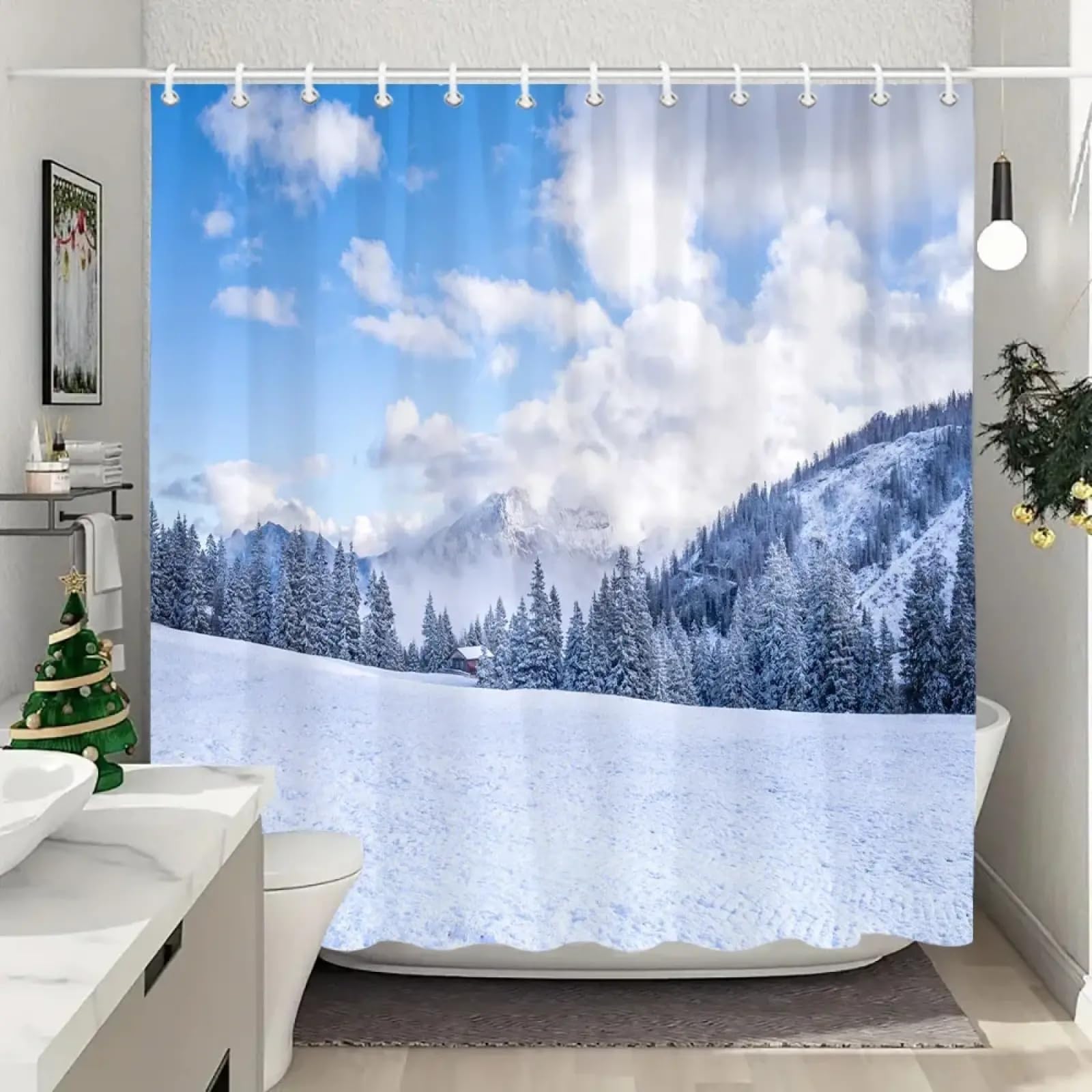 Rideau de douche en tissu lavable haut de gamme décor montagne 214cm