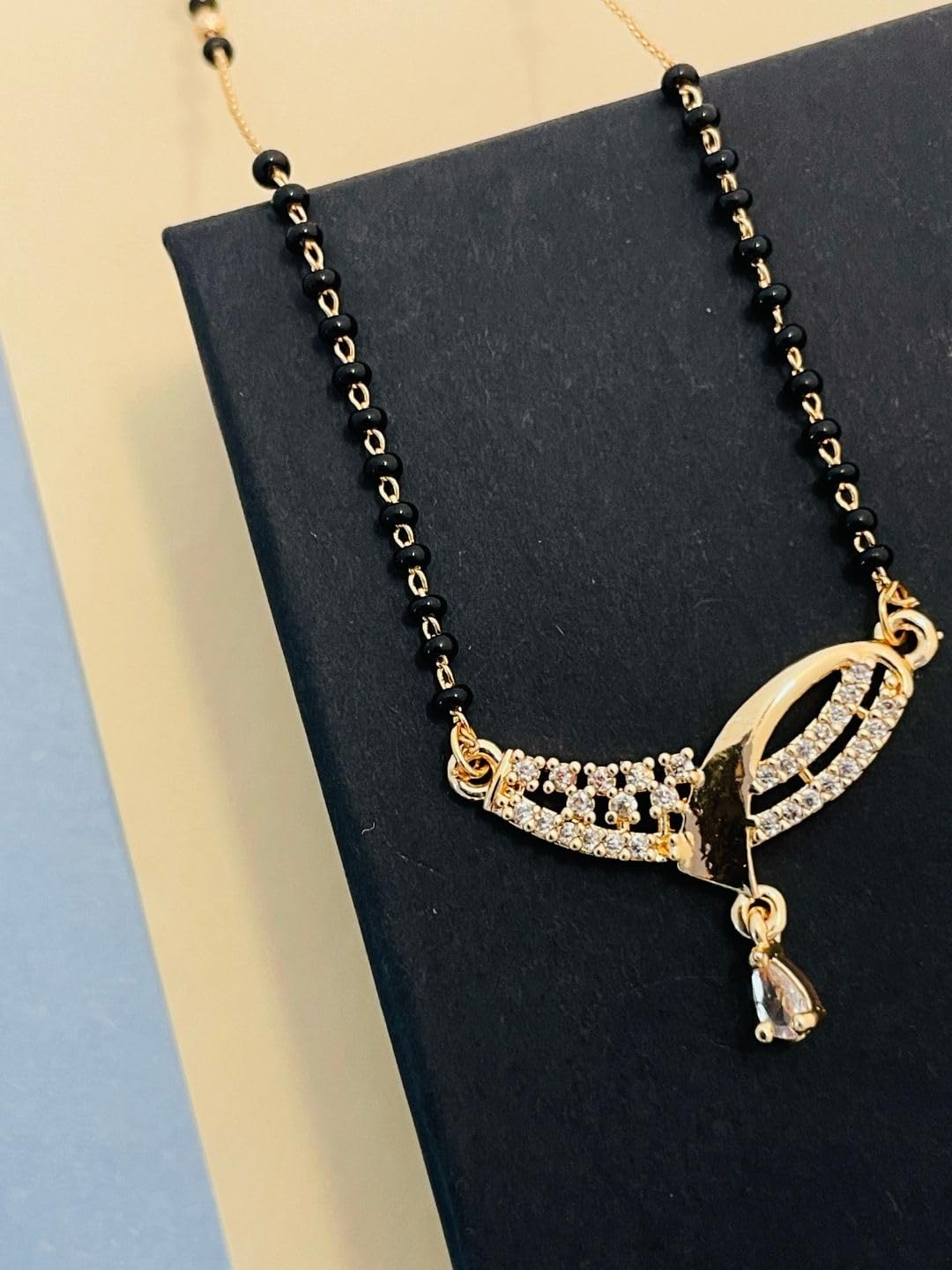 Short Mangalsutra for Women | 1gm Gold Plated 18 Inch Polished Pendant with Black Beaded Chain Stylish Gold-image-13