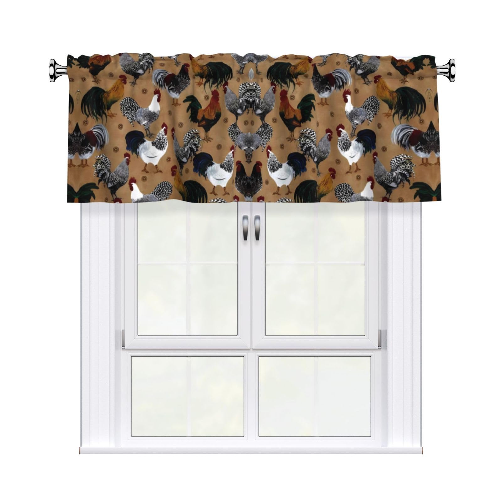 HJFCZH Rooster and Chicken Print Prints Curtain Valance 54x18in - Peach Skin Kitchen Window Layer, Filtered Light & Quick-Install Rod Pocket Cover