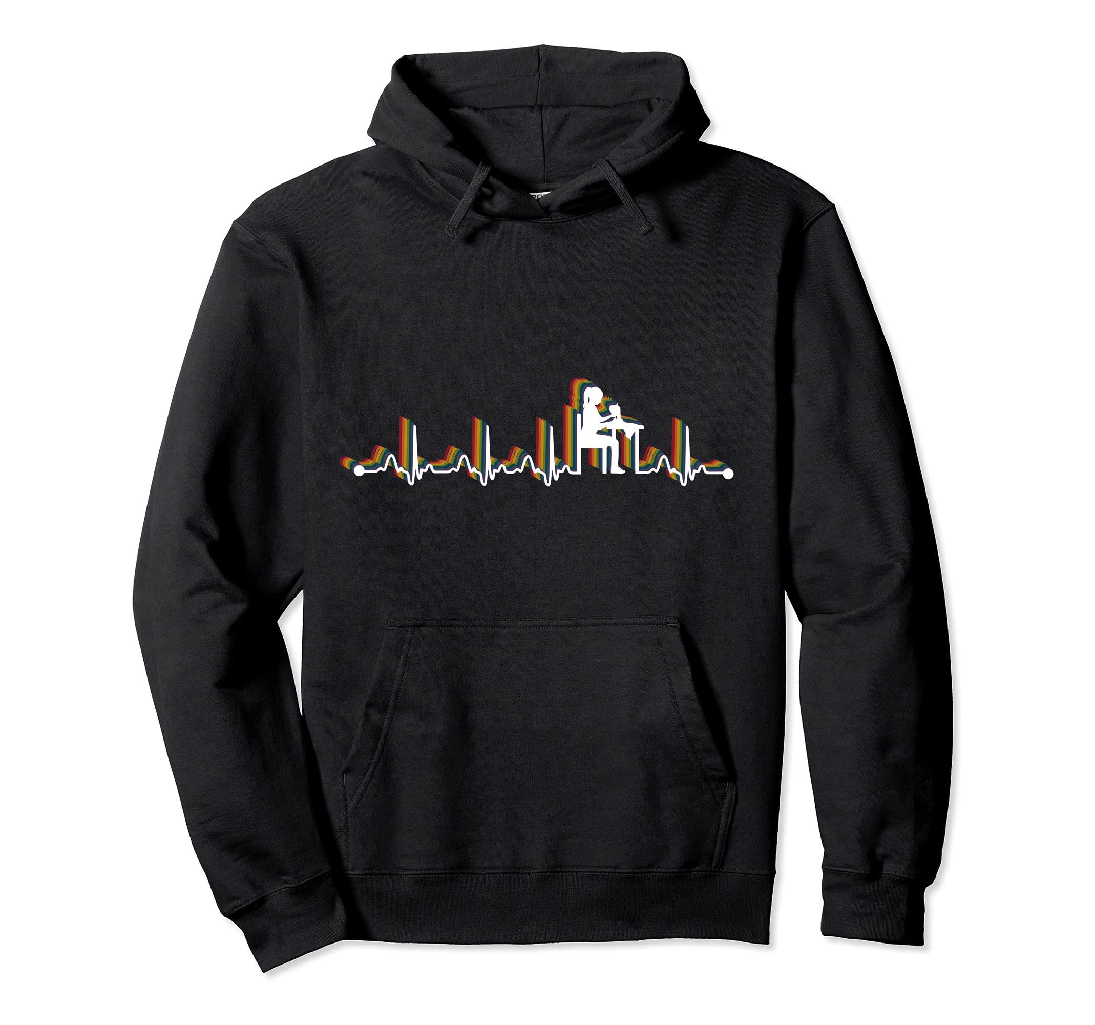 Sewing Retro Heartbeat EKG Vintage 80s Style Pullover Hoodie, Black