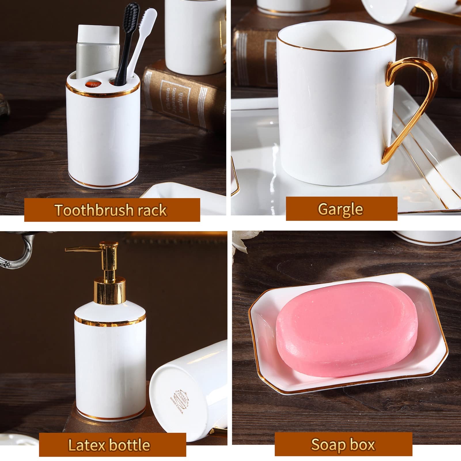 Zestaw akcesoriów łazienkowych z tacą ceramiczną Klasyczny złoty brzeg Porcelana kostna Łazienka 6-częściowy zestaw przyborów toaletowych Zestaw wyposażenia łazienki Kubek toaletowy do płukania ust