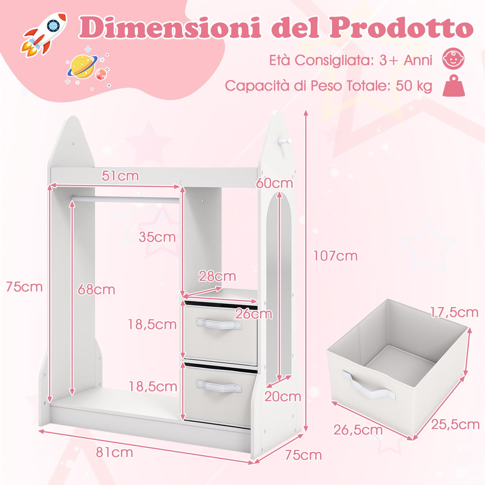 RELAX4LIFE Armadio per Bambini, Guardaroba per Bambini con Specchio Acrilico, Appendiabiti, Ripiani, Cassetti in Tessuto, Mobile Organizzatore per Vestiti e Giocattoli per Bambini da 3+ Anni (Bianco)