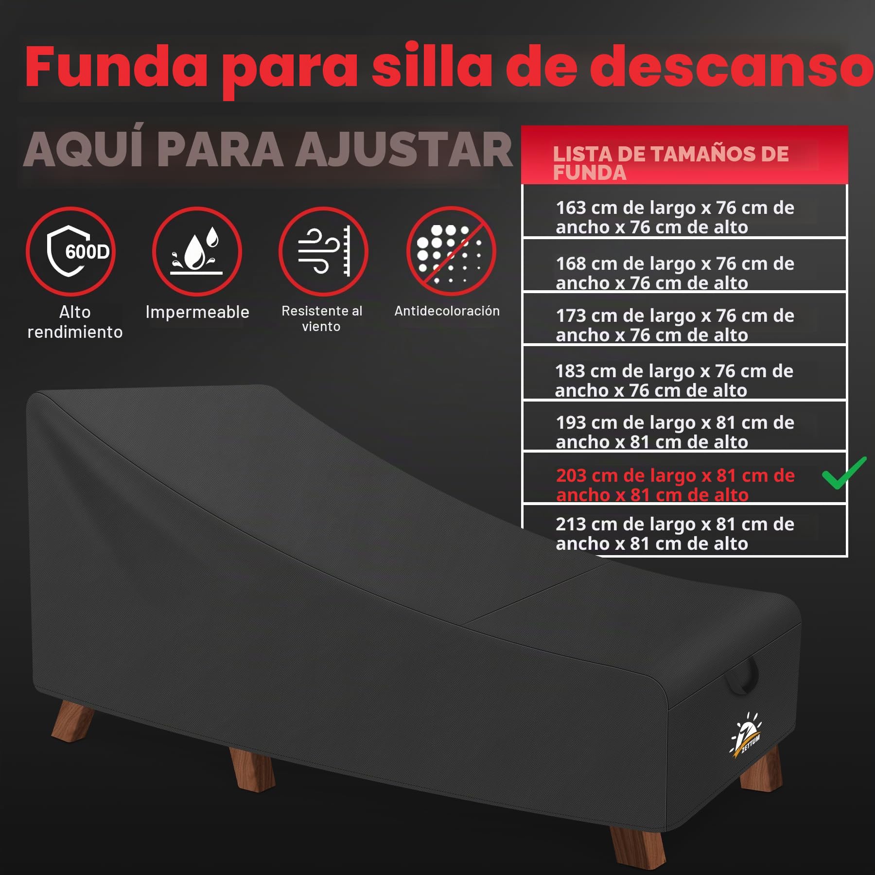 Zettum Cubierta para tumbona de jardín 200 cm, Funda para chaise longue de Patio 600D Oxford in PU, Cubierta Muebles Jardín impermeable y resistente a los rayos UV (203 X 81 X 81 CM)