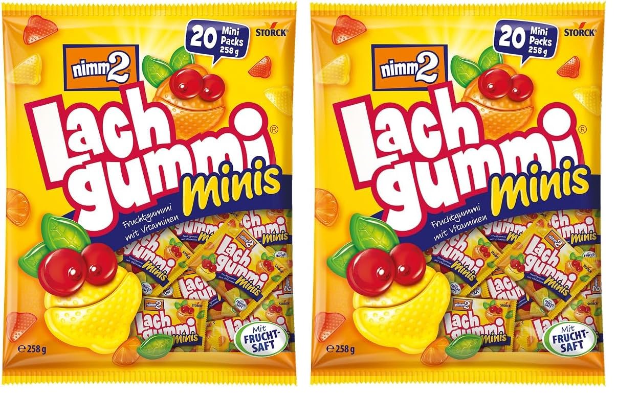 nimm2 Lachgummi Minis – 1 x 258 g (20 Mini Packs) – Fruchtgummi mit Fruchtsaft und Vitaminen – Einzeln verpacke Süßigkeiten-Tütchen (Packung mit 2)