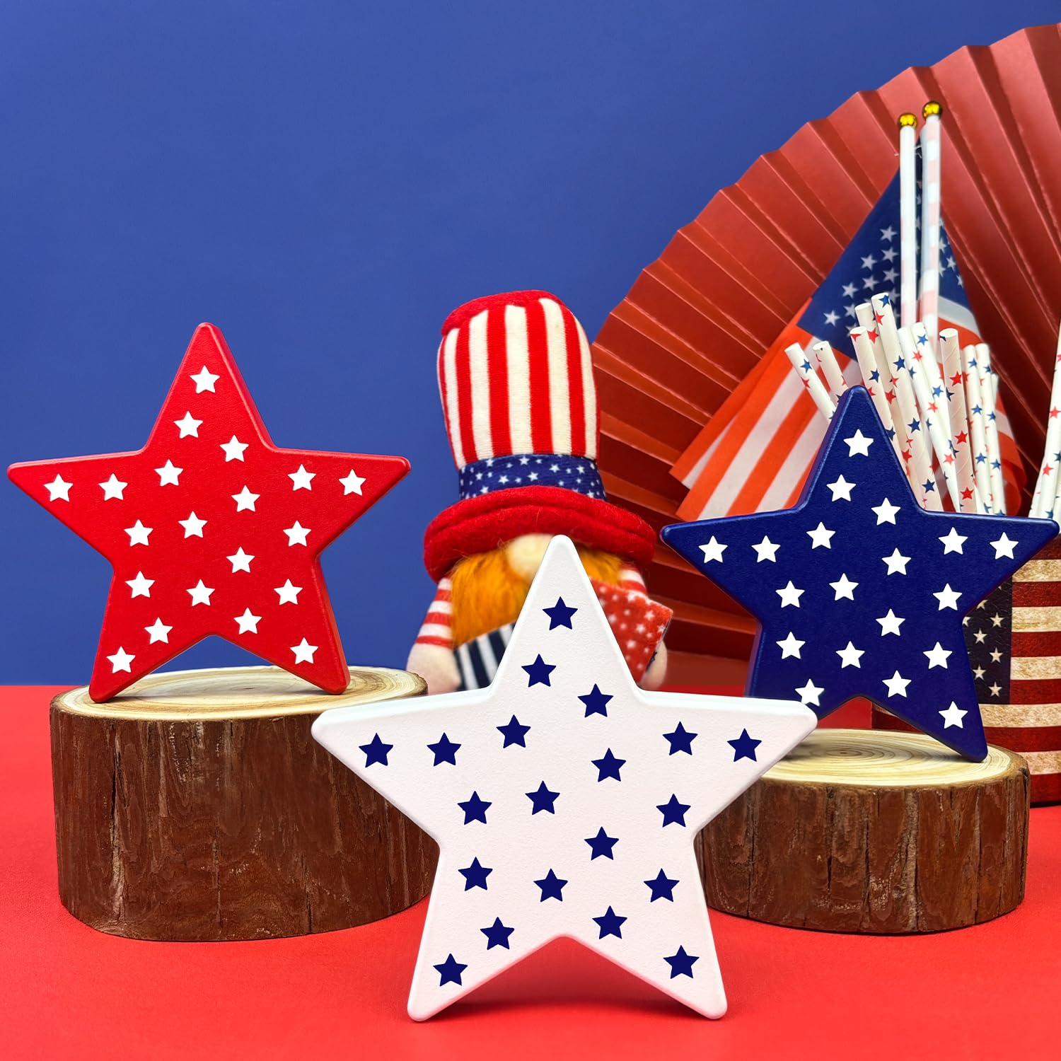 4th of July Table Decorations 3 PCS, Fourth of July Red White Blue Wooden Star Decor Centerpiece for Indoor Home, Patriotic Labor Day Gifts Signs for