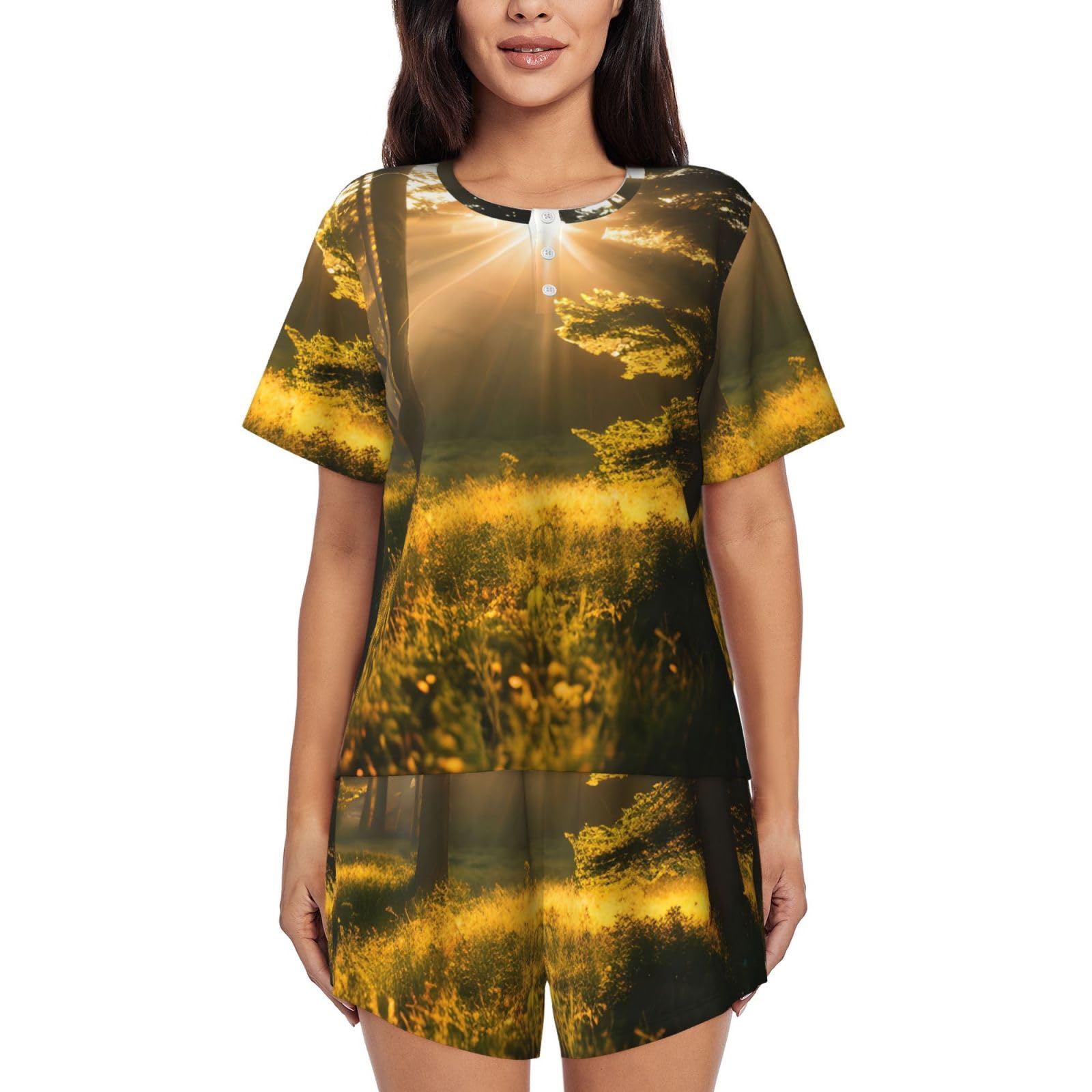 Morning Sunlight in Wilderness Print women's casual round neck short sleeve pajama set,Relaxed Lounge Sets(S-4XL), Black, 4XL