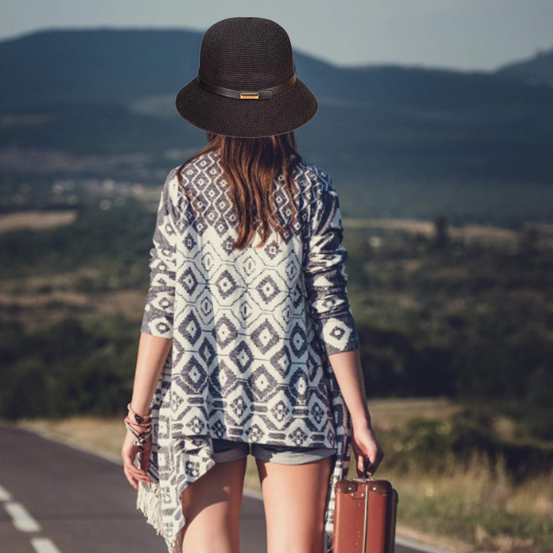 Sombreros Cloche de Verano Sombrero Cloche de Paja para Mujer Sombrero de Bombín de Verano de ala Corta con cinturón para Mujer, Uso en Interiores