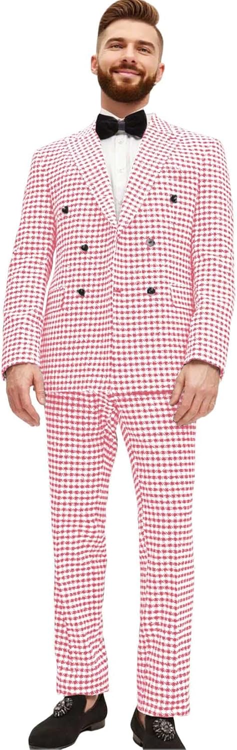 VENNYNG Men's Houndstooth Suits Two Piece Double Breasted Outfits Plaid Casual Wedding Tuxedo Jacket Pant