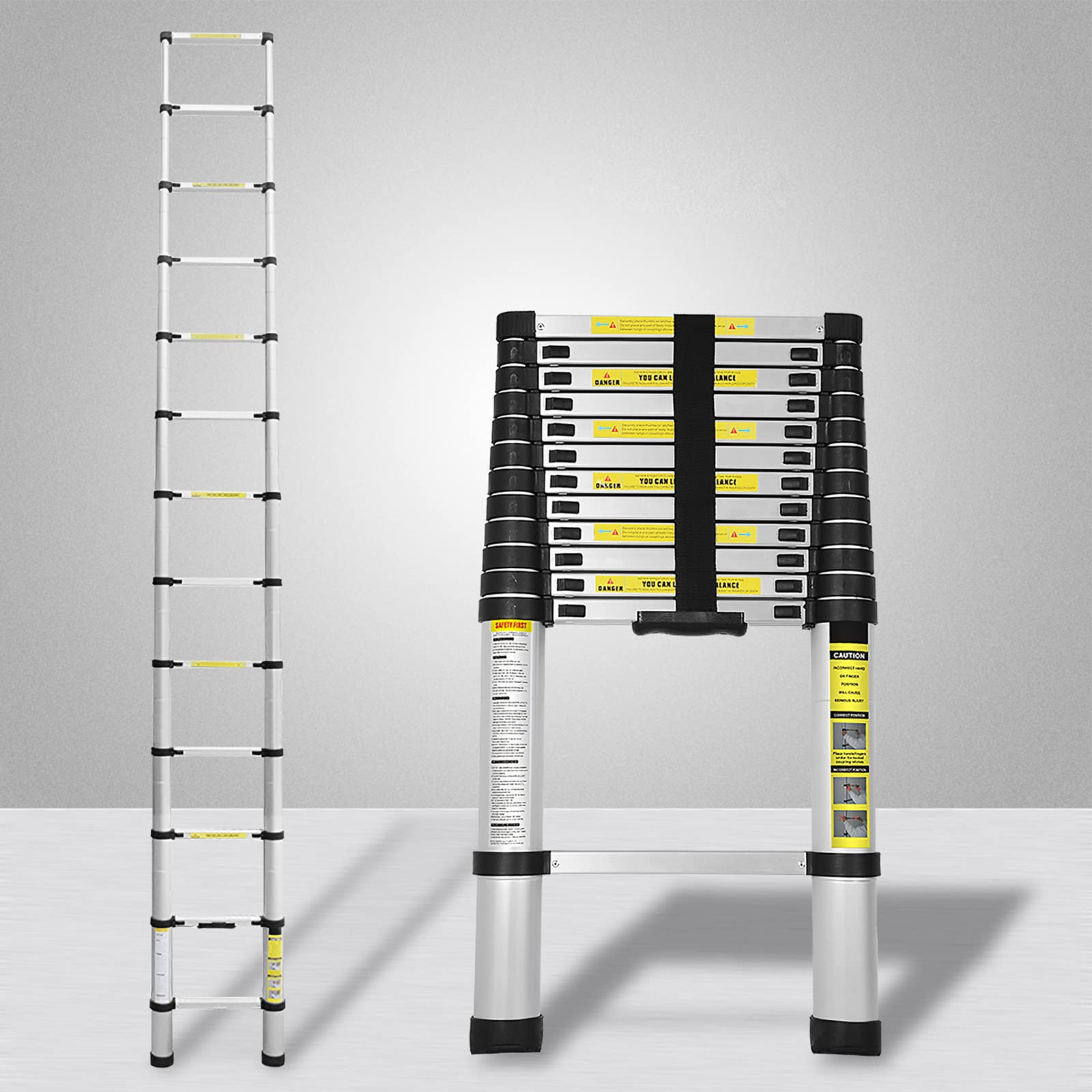 Scala telescopica da 3,8 m, in alluminio di alta qualità, JZ380, scala telescopica allungabile, portata 150 kg, portatile, colore argento