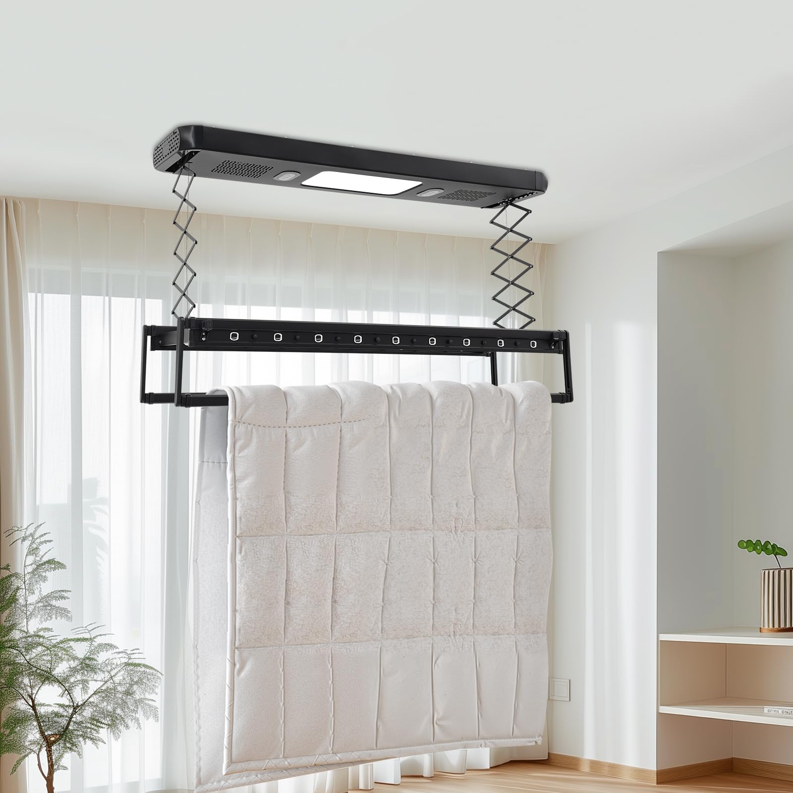 Elektrischer Wäscheständer Deckenmontage, 35kw Tragfähigkeit 220v Wäscheständer Decke, mit 30-50M Fernbedienung, 24W LED-Beleuchtung und 2 Integrierten Ventilato, für Bäder, Hotels, Wohnungen (Schwarz