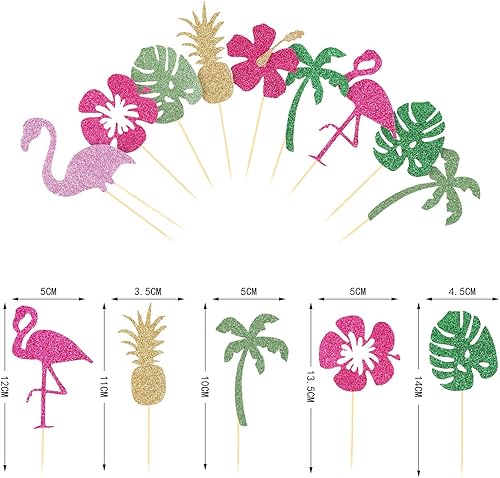Miniatura 2 de 50 piezas tropicales hawaianas Luau Cupcake Toppers con purpurina Hawaii Cake Cocktail Palillo de dientes flamenco piña hibisco flores hojas de