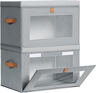Large Closet Storage Organizer - Clothes Storage Bins with Handles & Window, Collapsible Decorative Boxes with Lids, Fabric Containers for Living Room, Dorm, 2 Pack, Grey